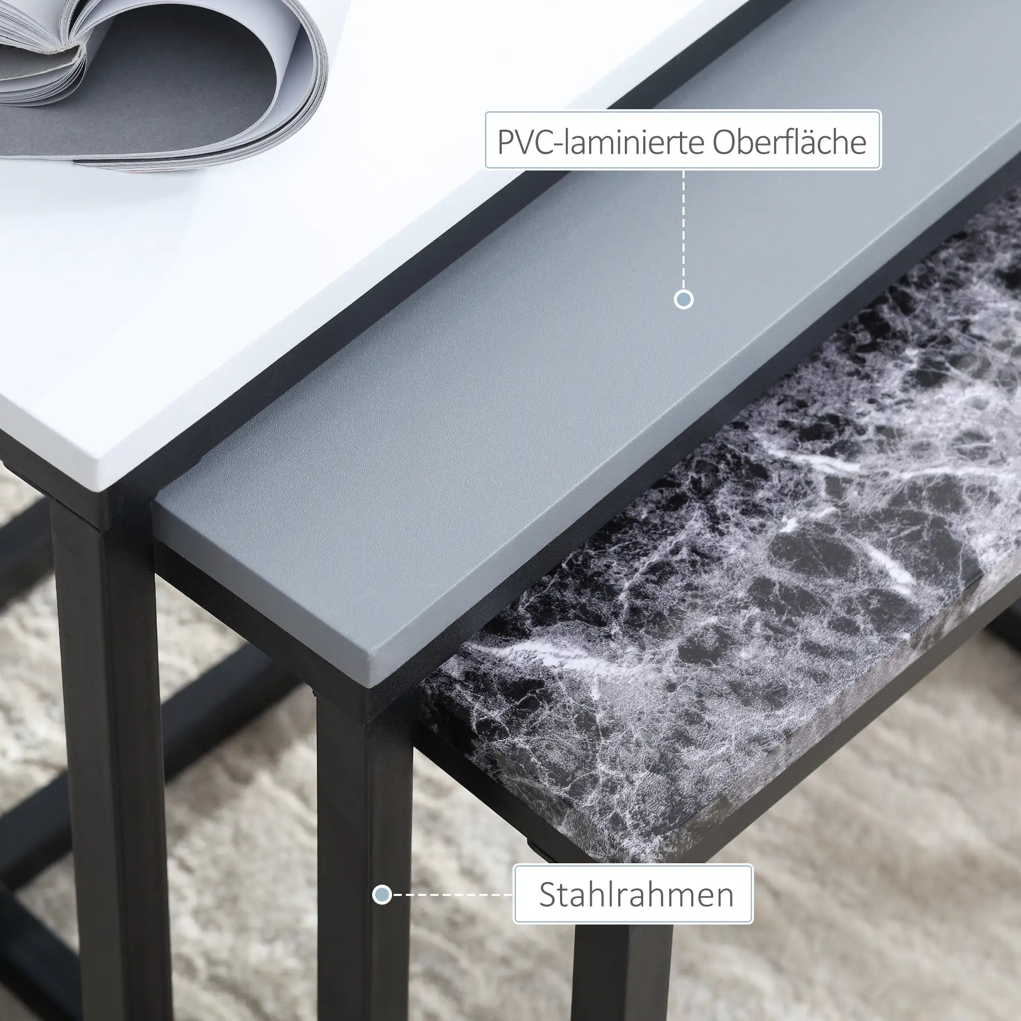 HOMCOM 3er Set Couchtisch Stapeltisch Beistelltisch Kaffeetisch Metallfuß MDF 3 Farben 55 x 40 x 45 cm/48 x 37 x 40 cm/41 x 34 x 35 cm