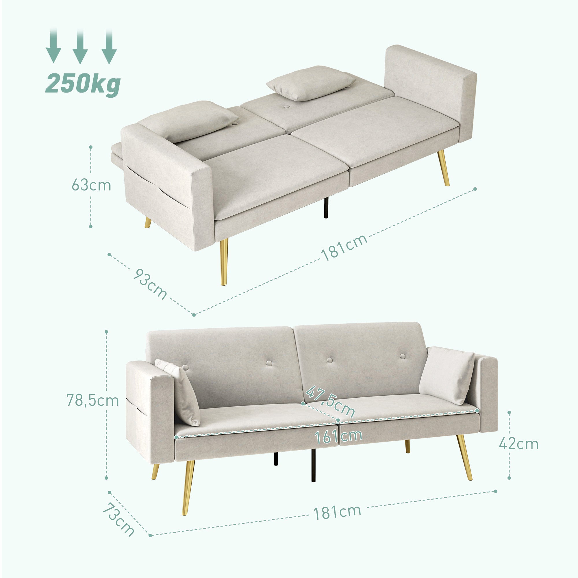 HOMCOM 2-Sitzer Bettsofa, Verstellbare Rückenlehne, weiche Kissen, samtartiger Bezug, für Wohnzimmer, Gästezimmer, Beige