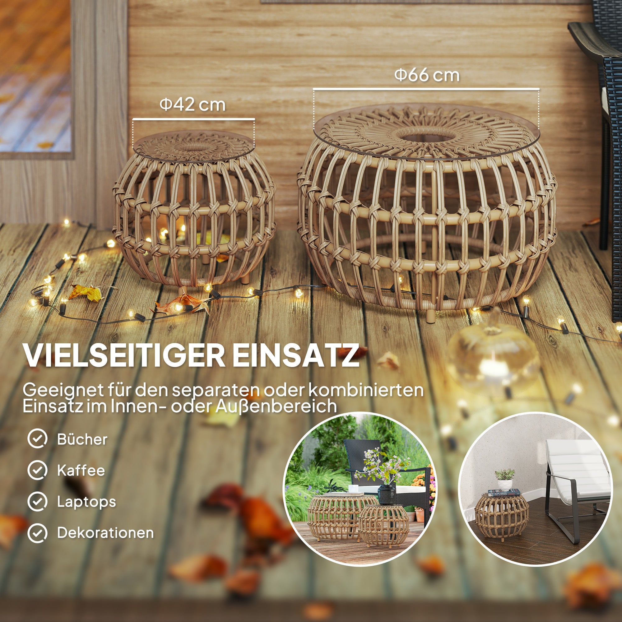 Outsunny 2er Set Beistelltisch Polyrattan Ø66/42 cm rund wetterfest Gartentisch mit Glasplatte Braun