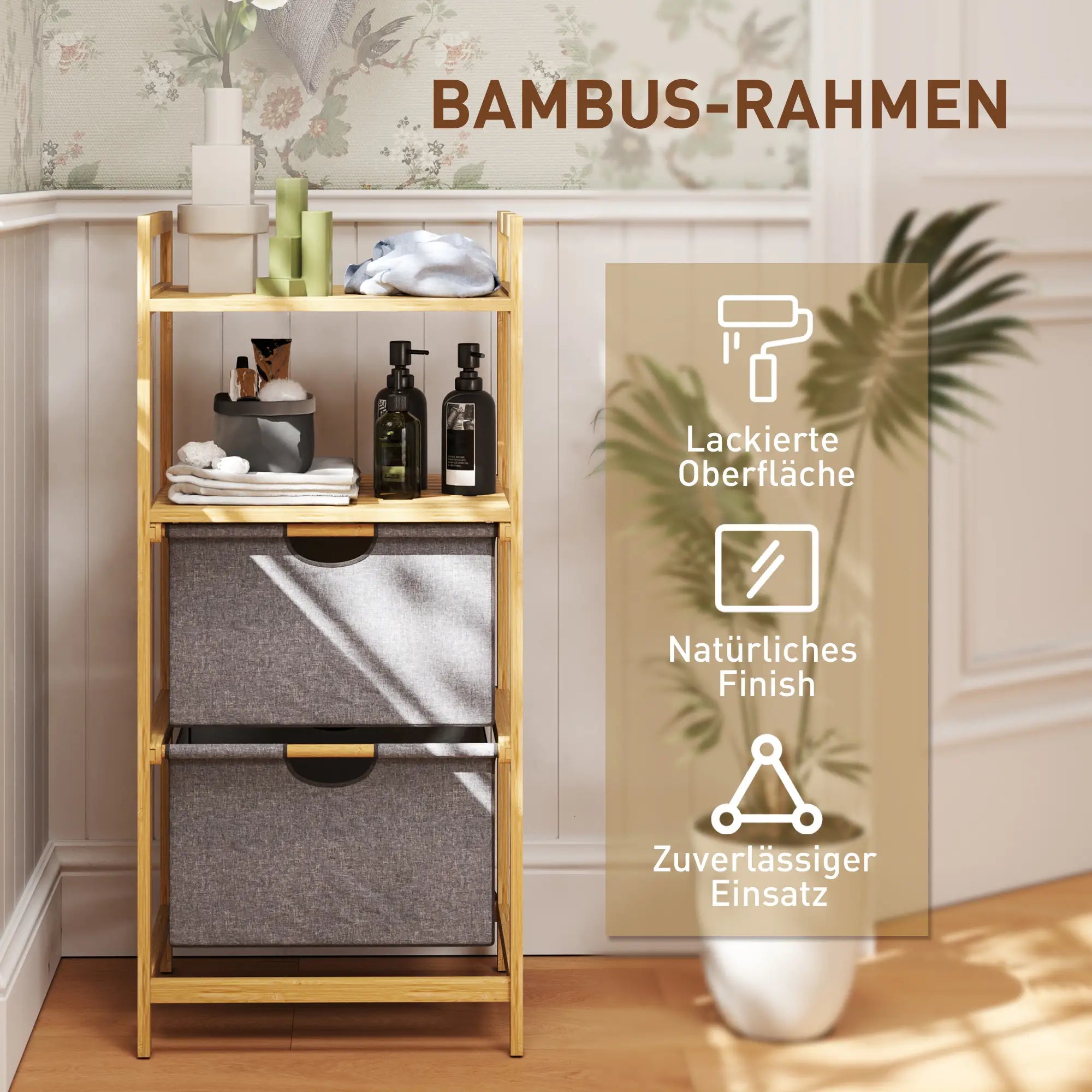 HOMCOM Bambus-Wäscheregal, mit 2 Wäschekörben aus Stoff, offene Ablagen, platzsparend, Naturholz