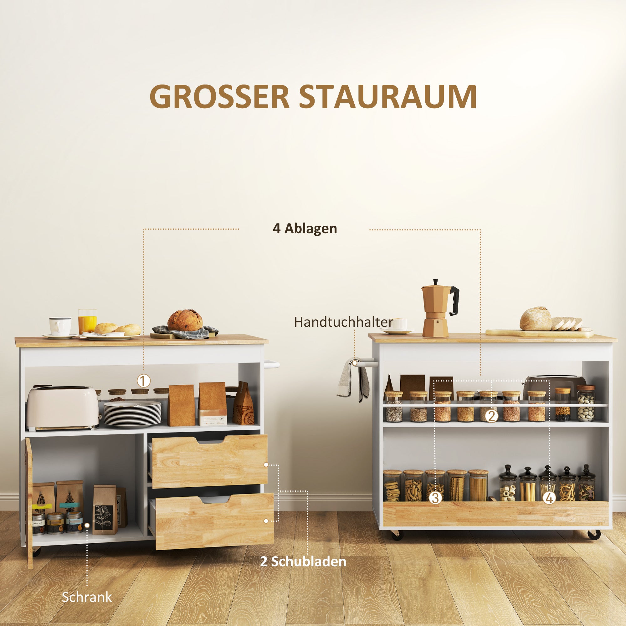 HOMCOM Küchenwagen, Rollbare Kücheninsel, Küchen-Trolley mit Fächern, Schrank und Arbeitsfläche, Weiß