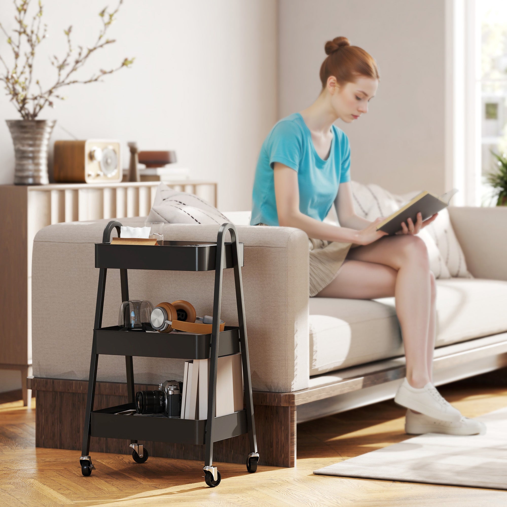 HOMCOM Servierwagen mit 3 Ebenen Küchenwagen mit Rollen Griff Rollwagen mit Bremse für Küche Büro Badezimmer, Schwarz