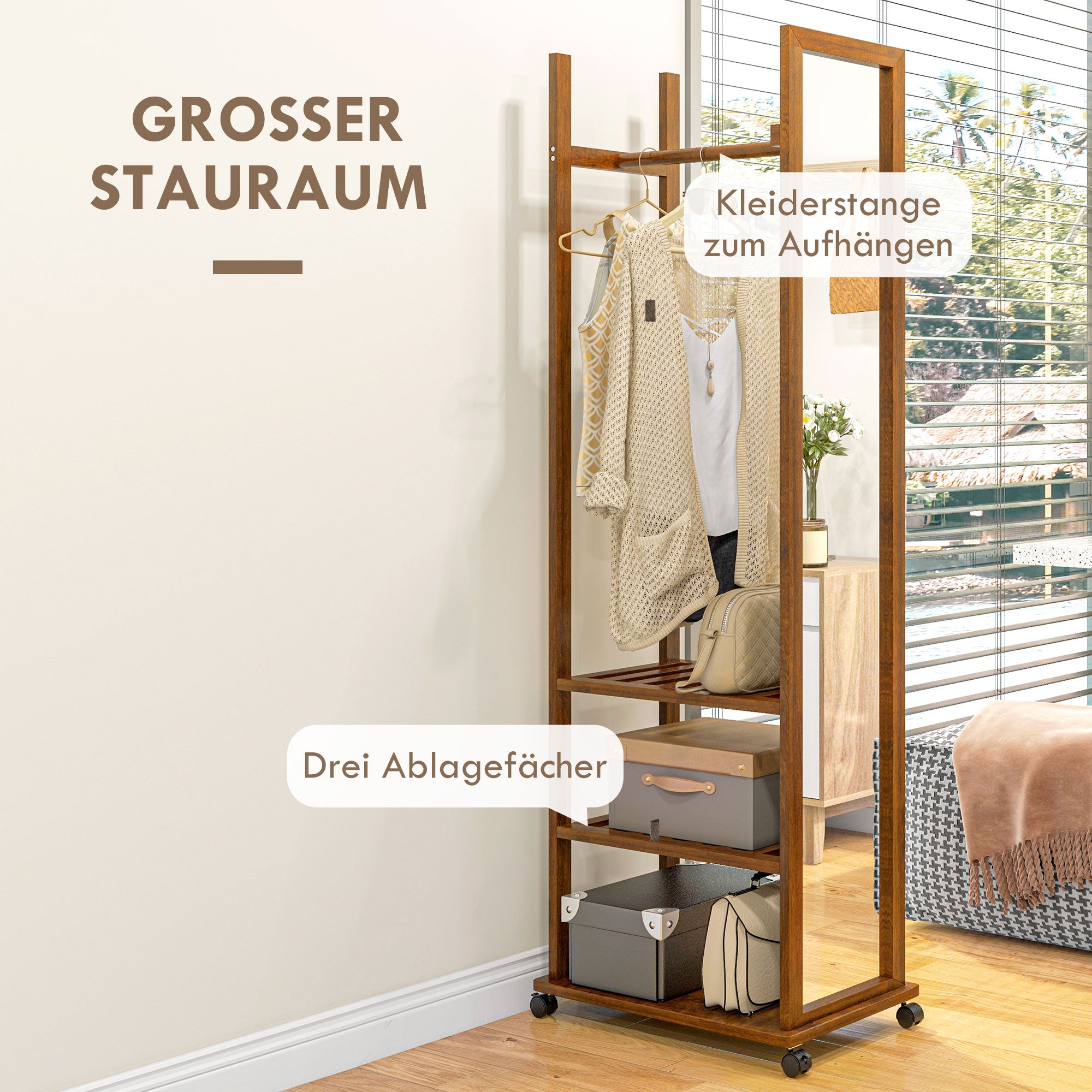 HOMCOM 2-in-1-Spiegel Spiegel Ganzkörperspiegel Garderobe, 1 Kleiderstange, 3 Regale, 35,8 x 59,8 x 170 cm, Natur