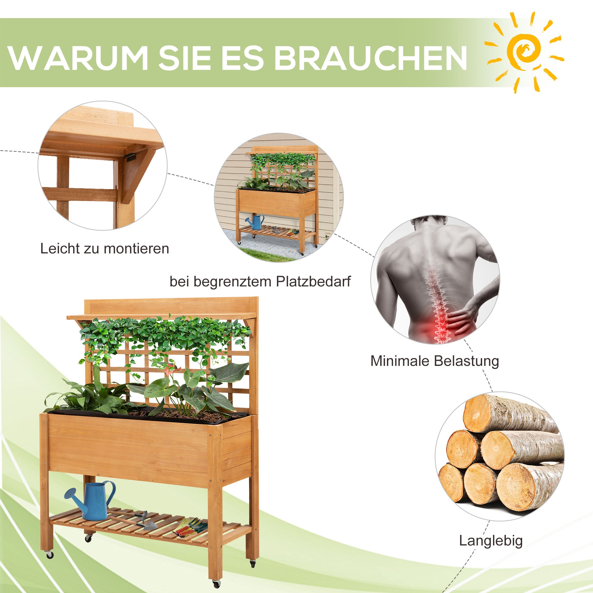 Outsunny Hochbeet Pflanztisch Blumentisch Arbeitstisch Gärtnertisch Gewächshaus Holzpflanztisch für Garten Balkon, 105 x 40 x 135 cm, Tanne, nicht gewebter Stoff, Braun