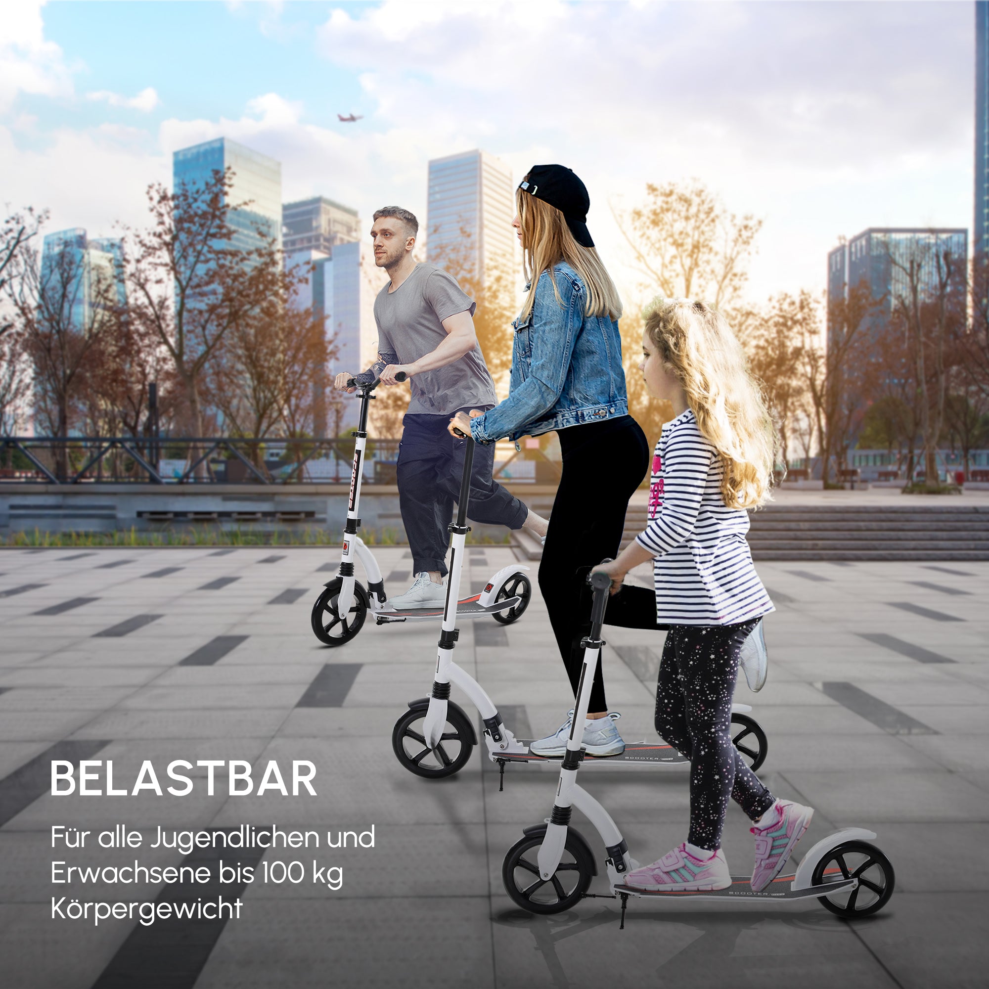 HOMCOM Kinderscooter, Kickscooter mit Stoßdämpfung, Tretroller, Klappbar und Höheverstellbar, ab 14 Jahren, Aluminium, Weiß, 92,5 x 37,5 x 82-97 cm