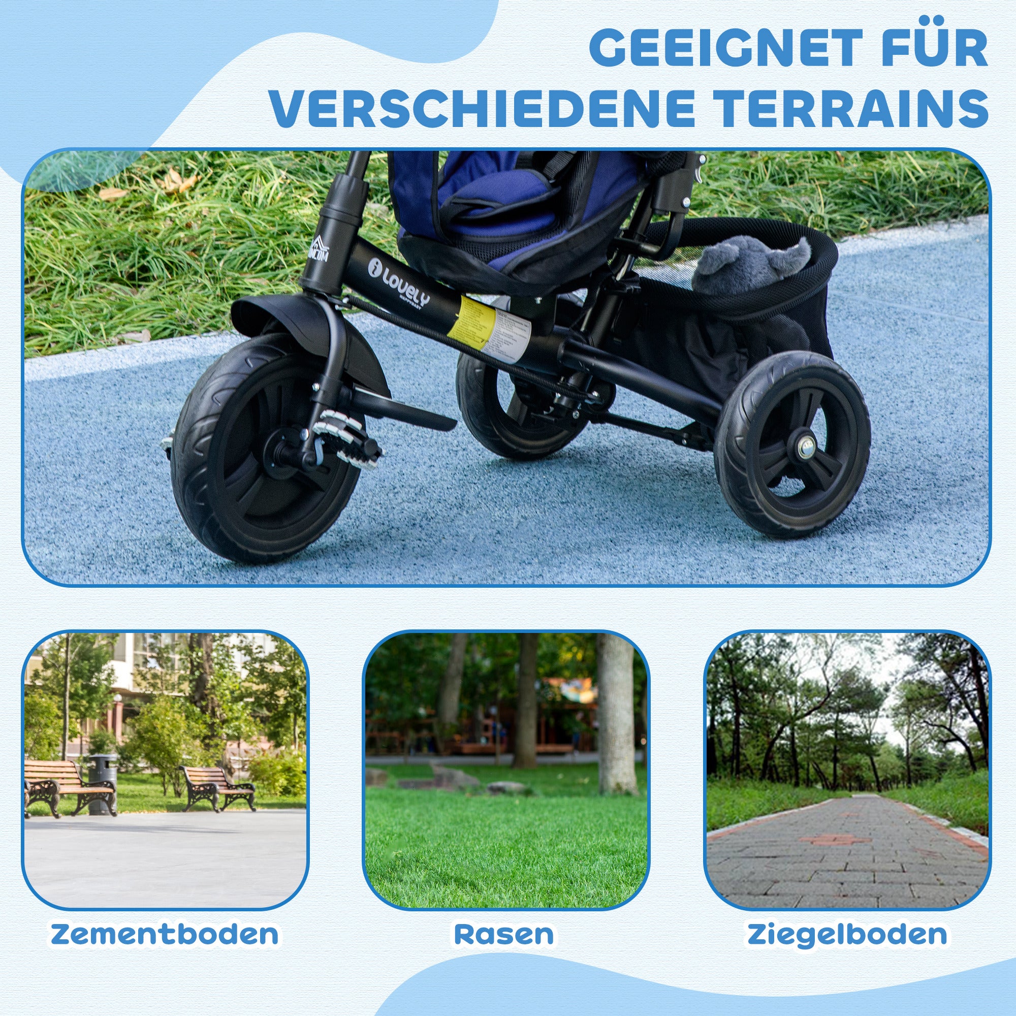 HOMCOM Kinder-Dreirad, Kinderfahrrad, Rückenkorb, Becherhalter, Sonnendach, Metall, Dunkelblau