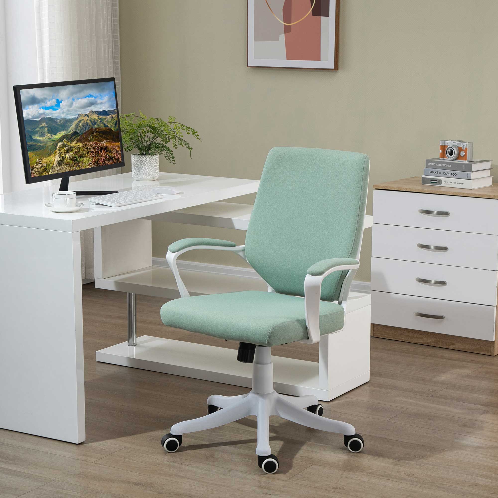 Vinsetto Bürostuhl Schreibtischstuhl Home-Office-Stuhl mit Wippenfunktion Rückenlehne höhenverstellbarer dick gepolstert ergonomisch 360°-Drehräder Polyester Nylon PP Grün+Weiß 62x69x92-100 cm