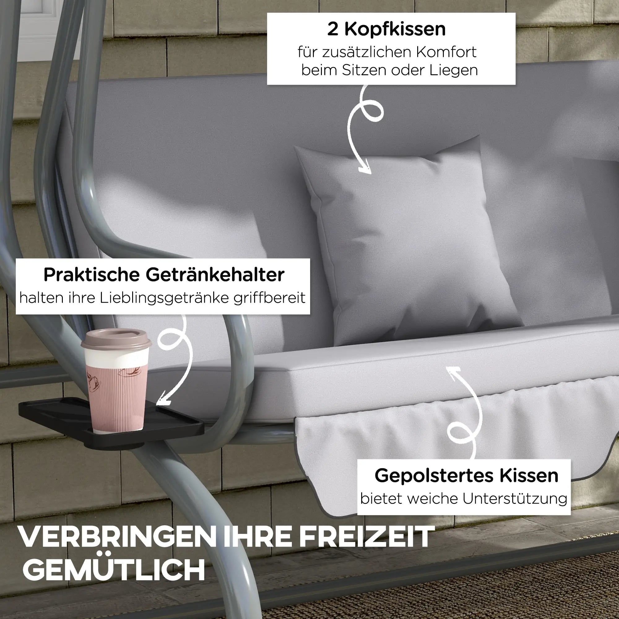Outsunny 2-in-1 Hollywoodschaukel mit Liegefunktion, verstellbares Dach, bis 340 kg, Stahl, 200x120x164 cm, Grau
