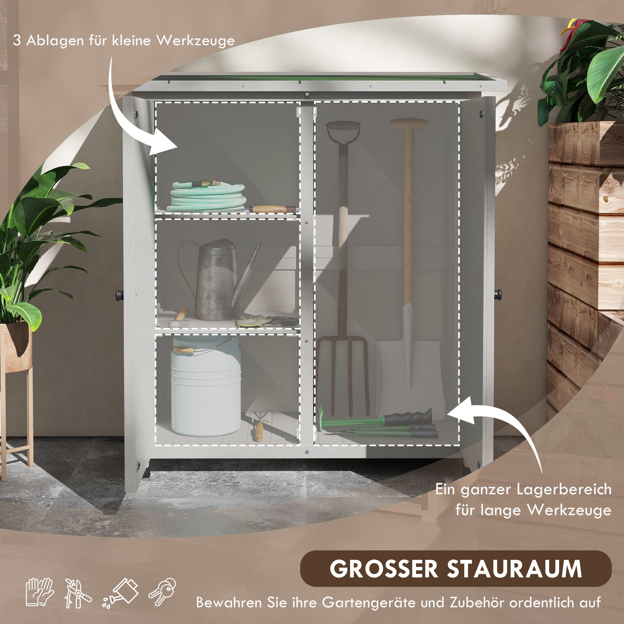Outsunny Geräteschrank aus Holz mit 2 Türen, Geräteschuppen mit Asphaltdach, 110 x 55 x 117 cm, Hellgrau