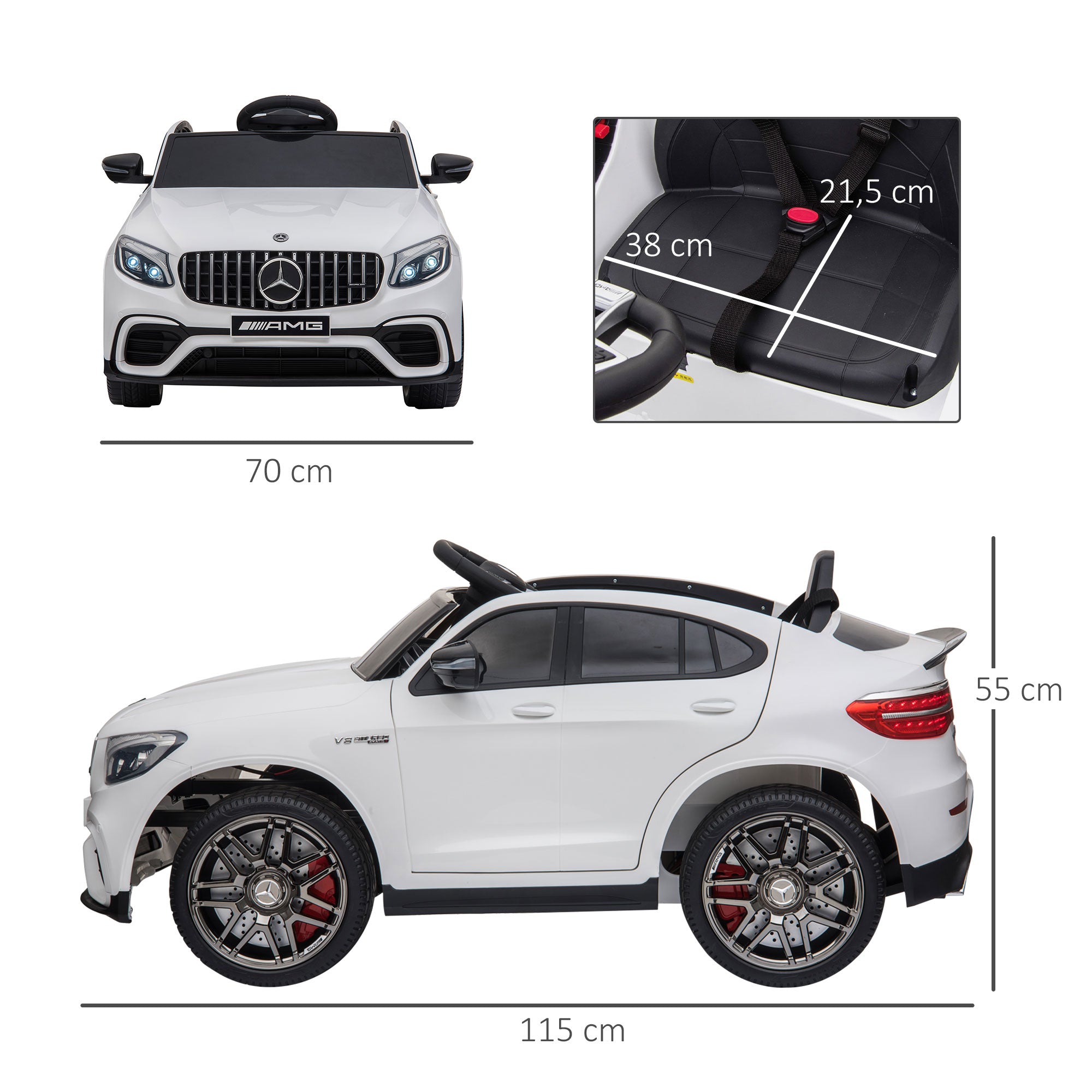 HOMCOM Kinderfahrzeug 12V Mercedes-Benz AMG GLC63S COUPE lizenzierter Elektroauto mit Fernbedienung Sicherheitsgurt 2 x 35W Motoren MP337-60 Monate Weiß 115 x 70 x 55 cm