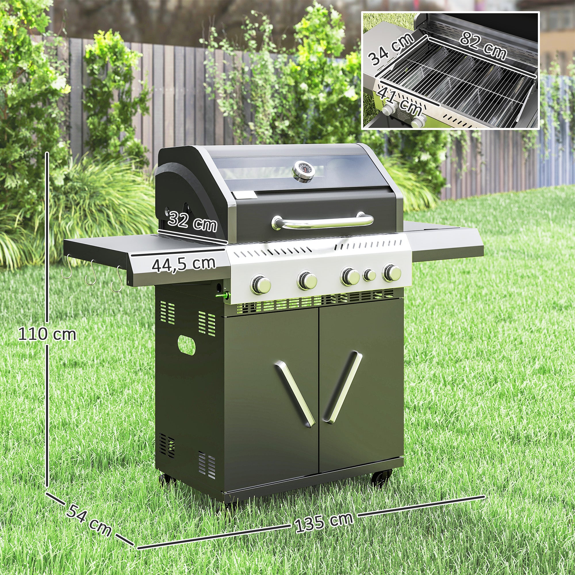 Outsunny Gasgrill 12 KW Grillwagen inkl 5 Brenner Seitenkocher Rolle Deckel Thermometer Seitenablagen 135 x 54 x 110 cm