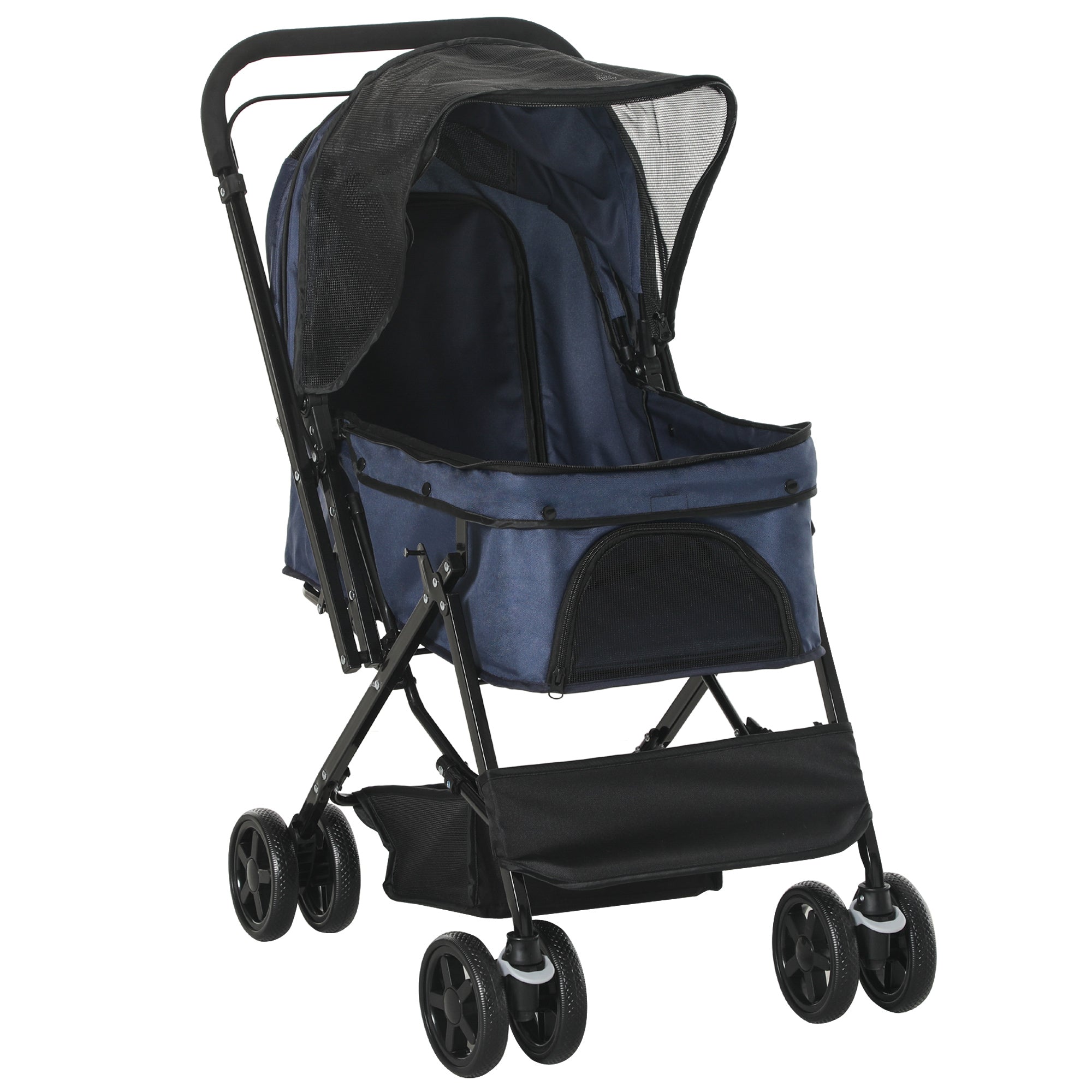 PawHut Hundewagen Hundebuggy bis 10kg verstellbares Vordach klappbar Bodenkorb 2 Bremsen Sicherheitsleine Blau