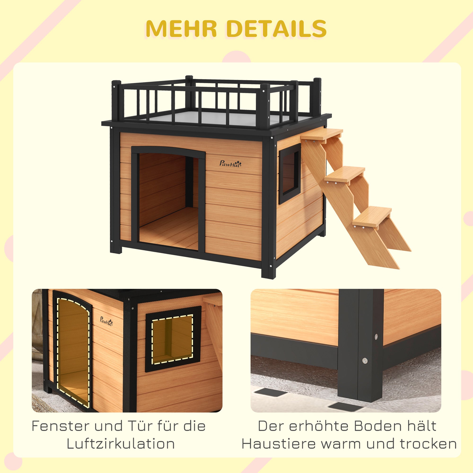 PawHut Hundehütte mit Dachterrasse, wetterfest, Holz, 121x77x78cm, Schwarz/Gelb