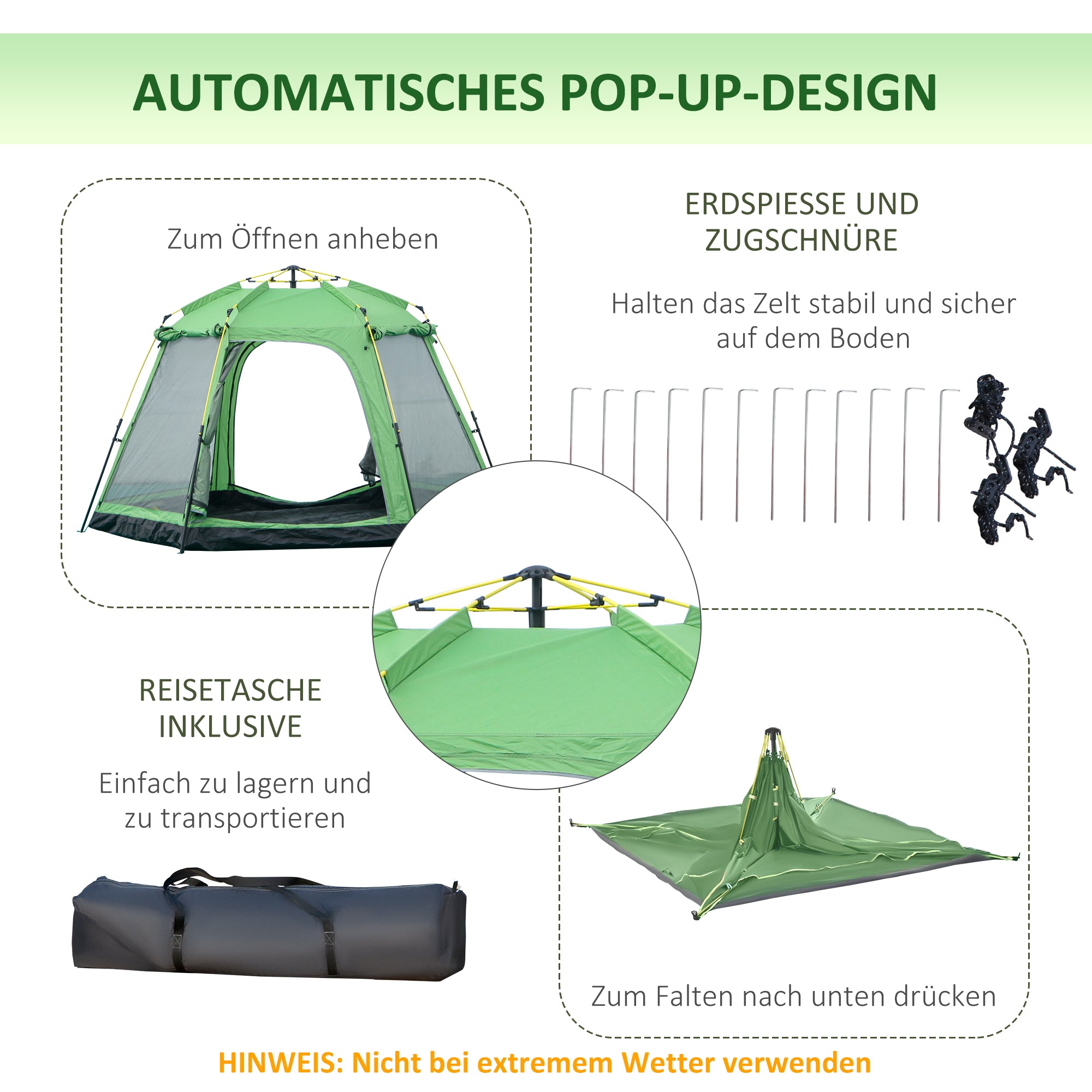 Outsunny Camping Zelt 6 Personen Zelt Familienzelt Kuppelzelt Kunstleder2000mm einfache Einrichtung für Familien Trekking Festival Stahl Glasfaser Grün 320 x 320 x 180 cm