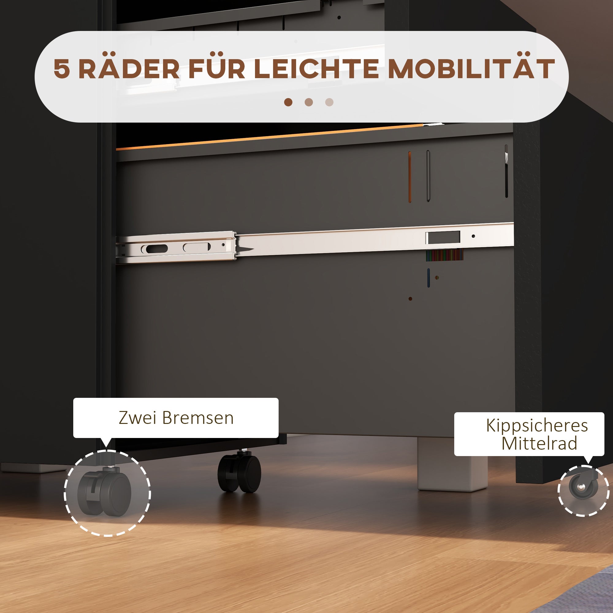 Vinsetto Rollcontainer Aktenschrank, 3 Schubladen, abschließbar, rollbar, 37 cm x 43,5 cm x 60 cm, Schwarz