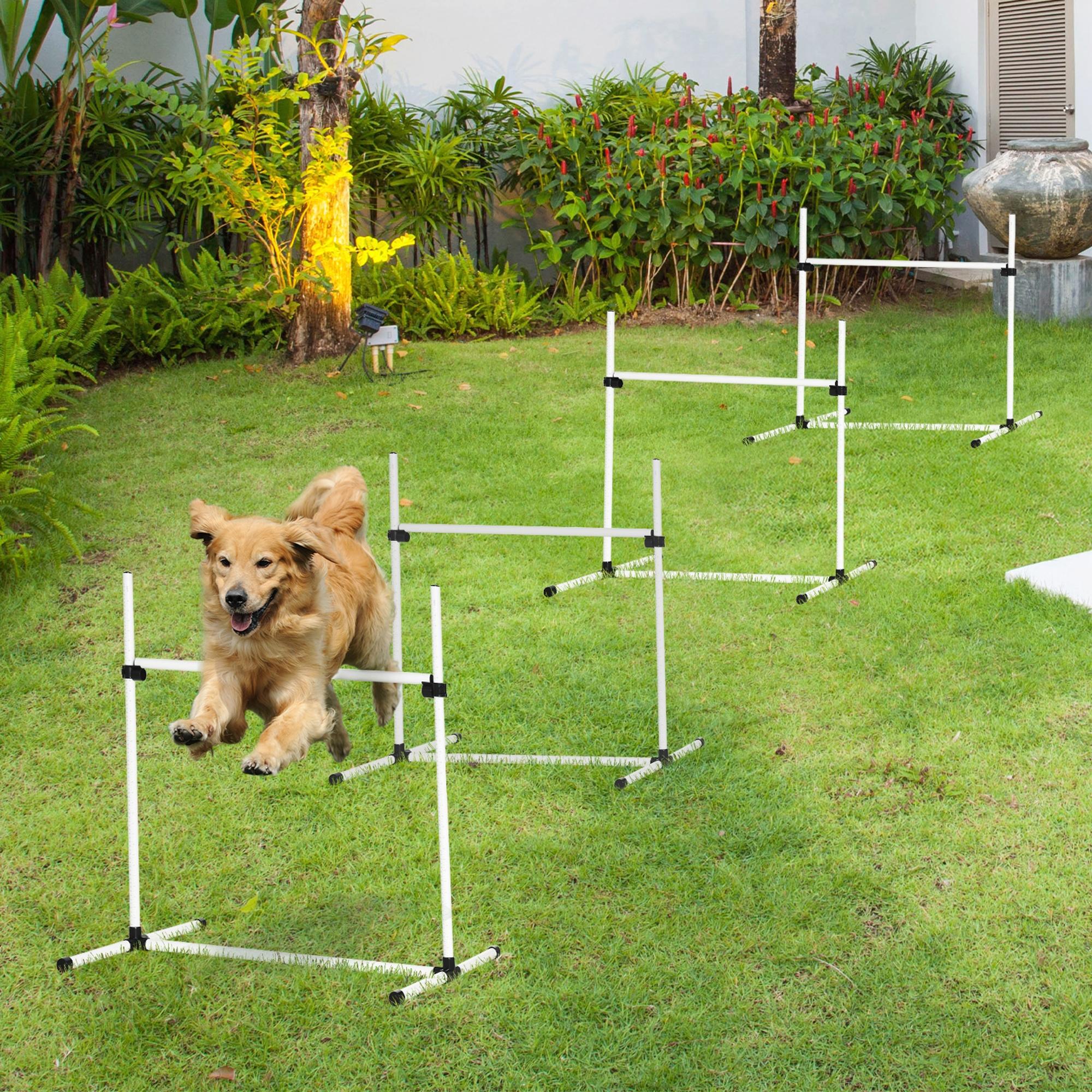 PawHut Agility Set Hunde 4-teiliges Agility-Ausrüstung für Hundetraining Steckhürdenset mit 4 höhenverstellbar Hürden Tragetasche Koordinationstraining Agilityset für Spiele Training