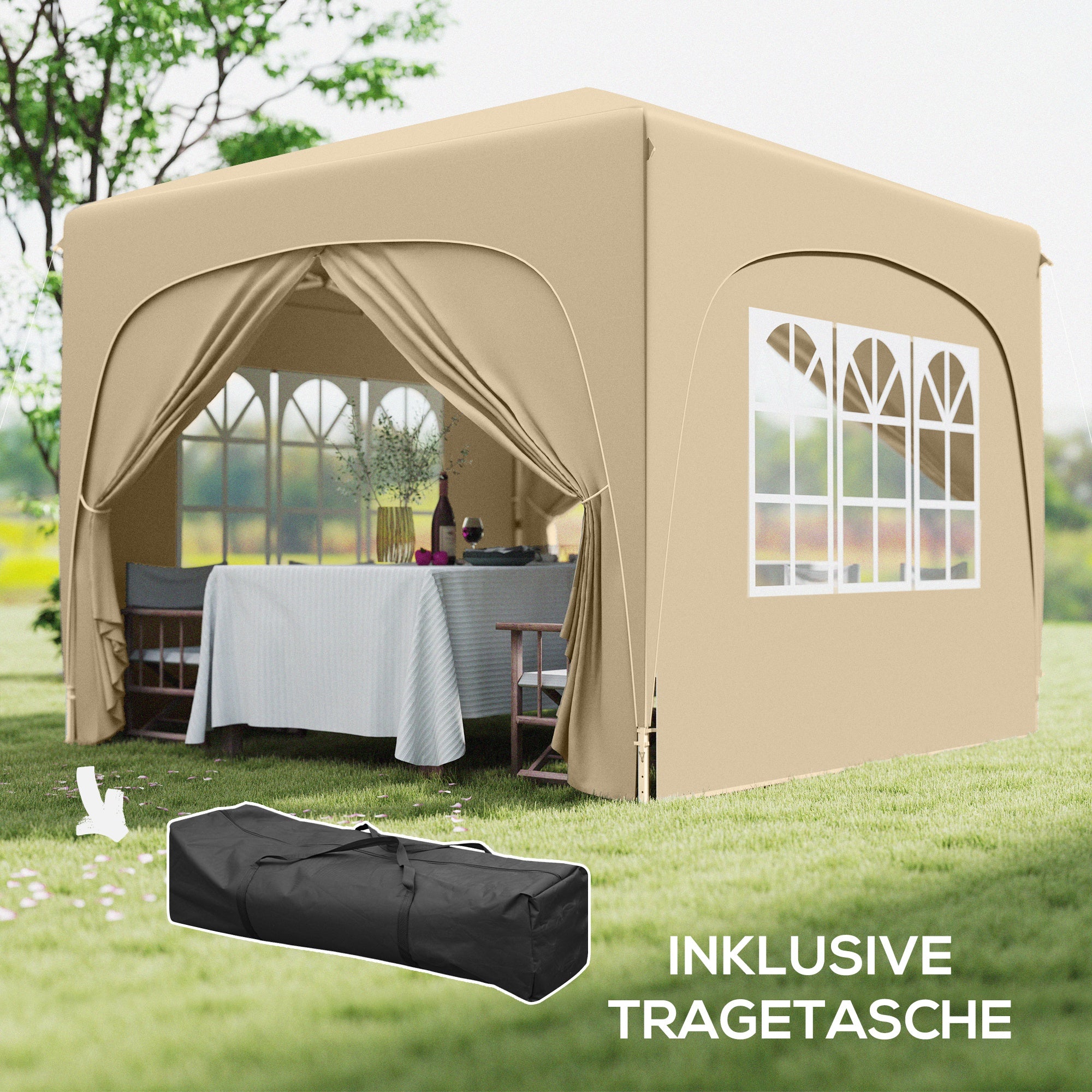 Outsunny 3 x 3 m Pavillon, Pop-up Gartenzelt mit Seitenwänden und Tragetasche, UPF50+, höhenverstellbar, Sand