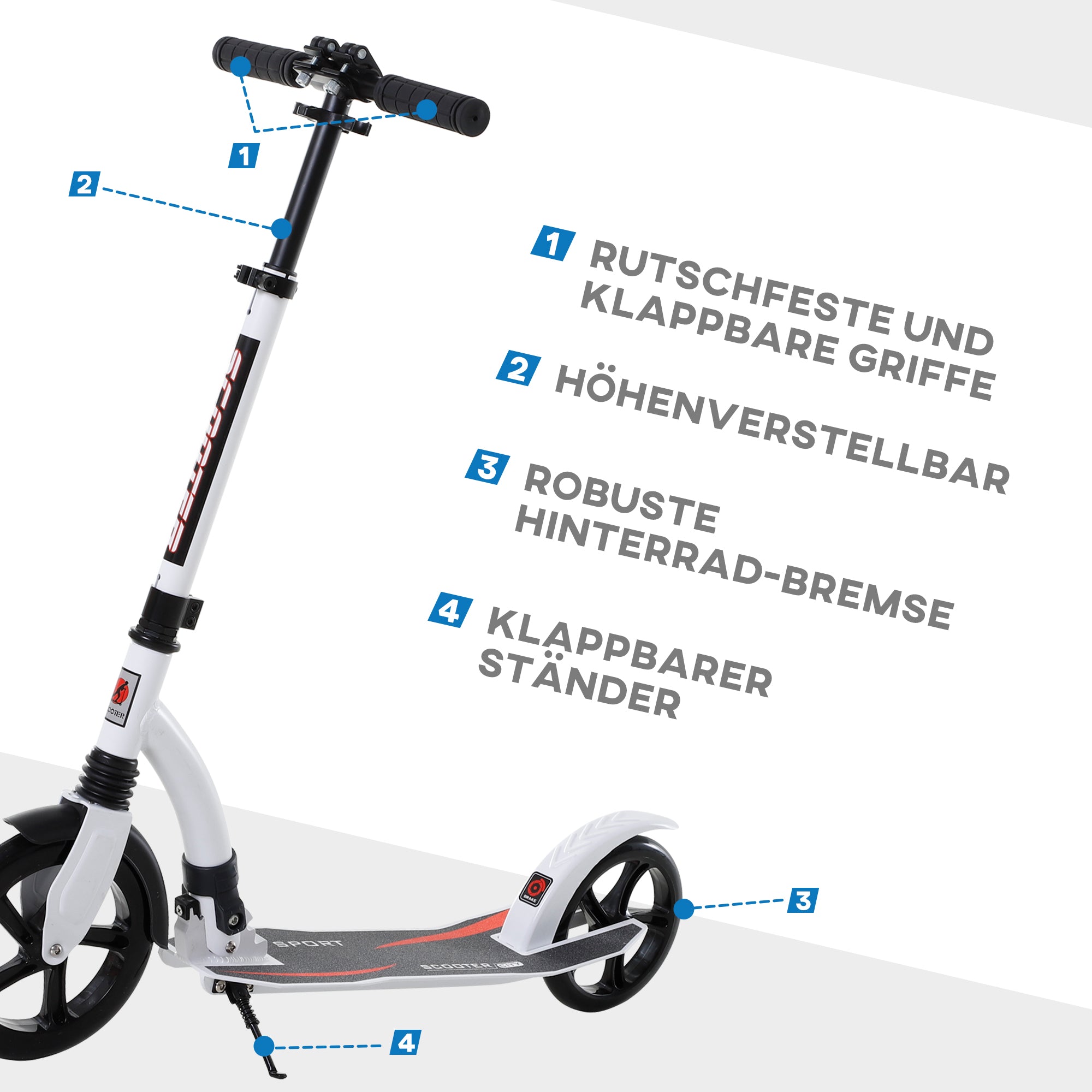 HOMCOM Kinderscooter, Kickscooter mit Stoßdämpfung, Tretroller, Klappbar und Höheverstellbar, ab 14 Jahren, Aluminium, Weiß, 92,5 x 37,5 x 82-97 cm