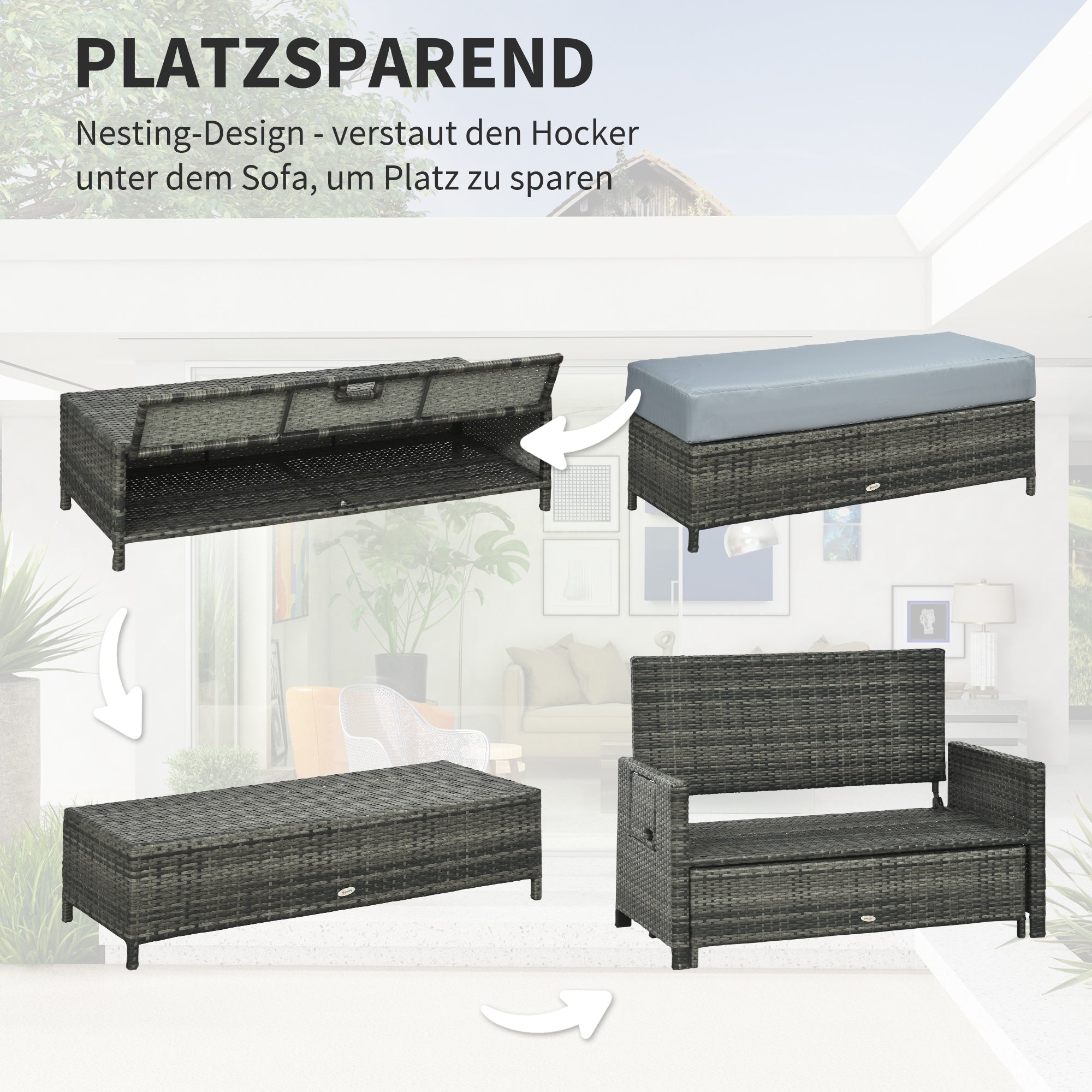Outsunny Gartensofa mit Liegefunktion, ausfahrbare Fußbank mit Stauraum, Sitzkissen, grau, 130 x 72 x 96 cm