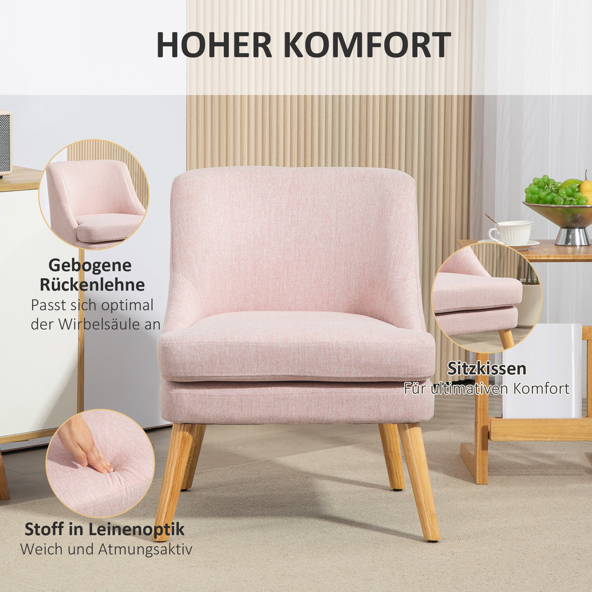 HOMCOM Akzentsessel im skandinavischen Stil, Samt, 25D-Schaumstoff, Hevea-Holzbeine, Beige, 63x69x79,5 cm