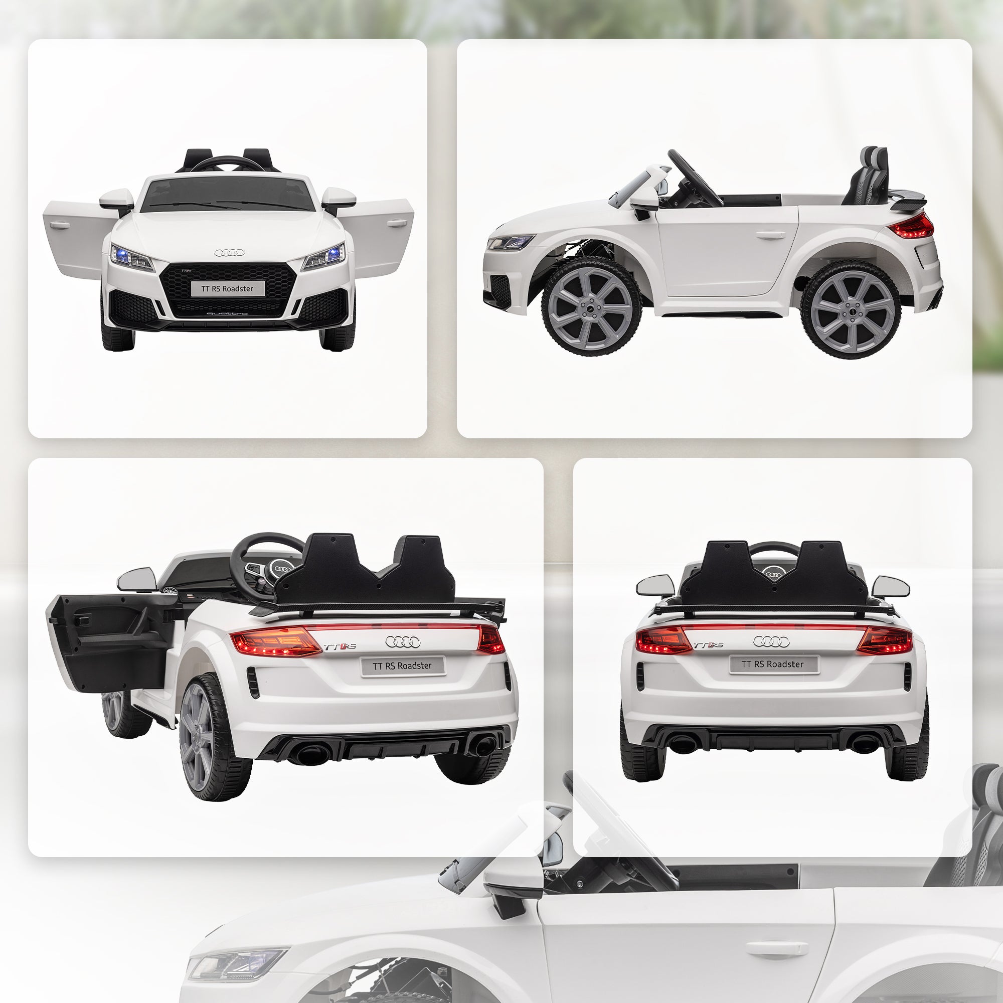 HOMCOM Kinder-Elektroauto, Audi TT RS Roadster, 3 km/h, Fernbedienung, LED, USB, Weiß