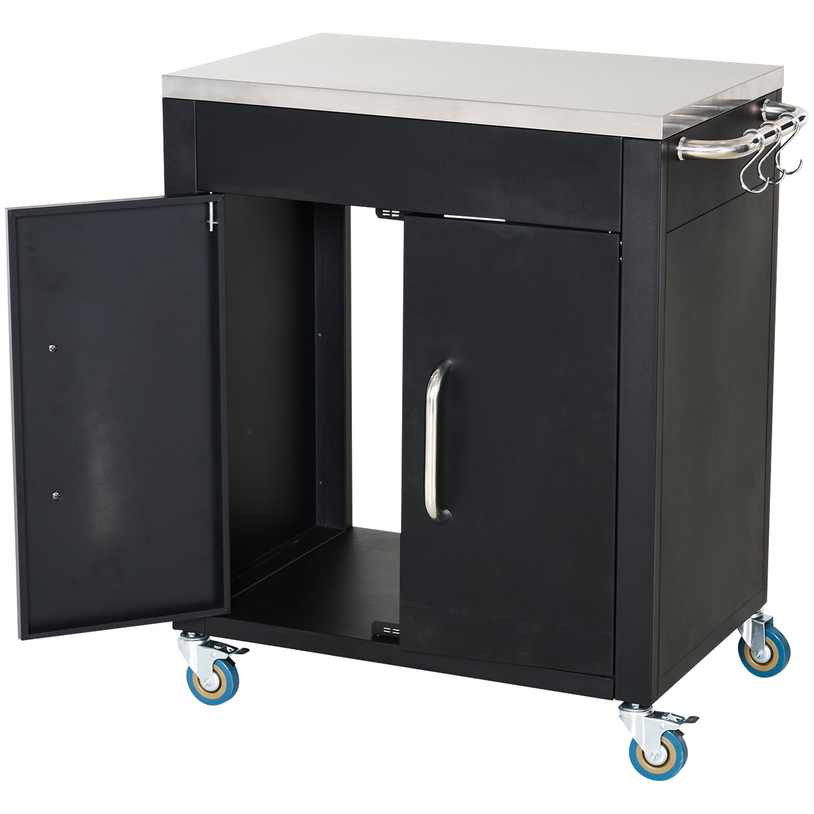HOMCOM Küchenwagen mit Rollen, Servierwagen, Rollwagen mit Schrank, Haken und Edelstahlgriffe, Küchenhilfe, BBQ Grilltisch aus Edelstahl Küchentrolley, 86 x 50 x 86,5 cm Schwarz