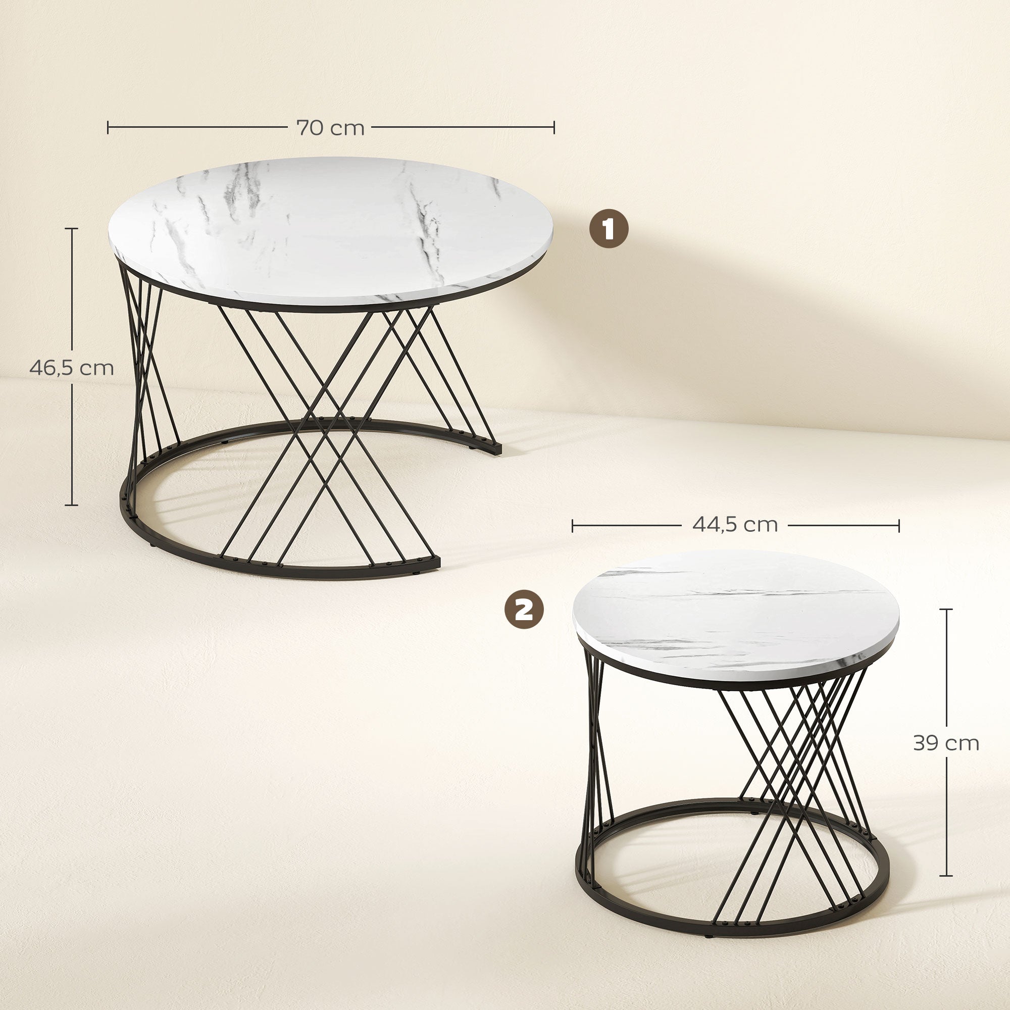 HOMCOM Couchtische im 2er-Set, Marmoroptik, Spanplatte, Metall, runde Kaffeetische für Wohnzimmer, ineinanderstellbar, Weiß