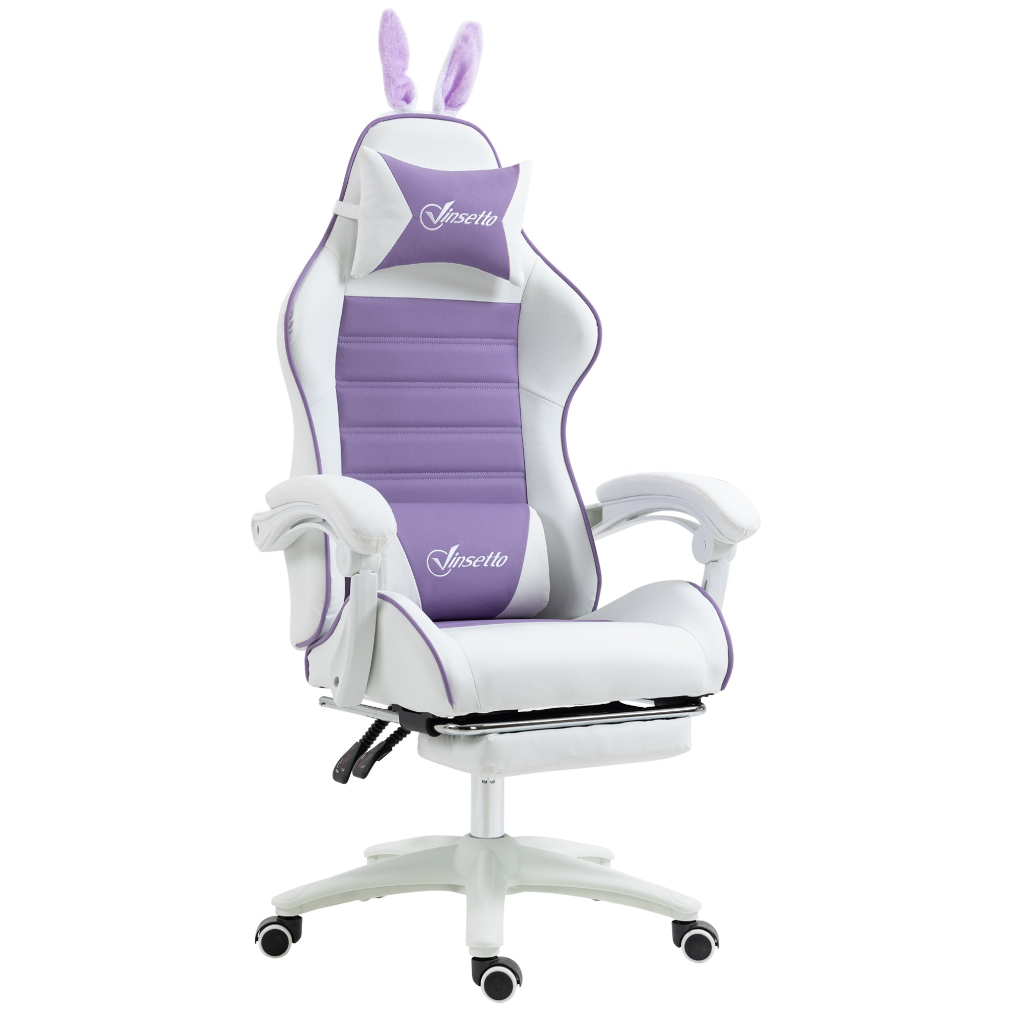 Vinsetto Gaming Stuhl Ergonomischer Gamer Stuhl mit Lendenwirbelstütze, Fußstütze Hasenohren Kopfkissen Violett