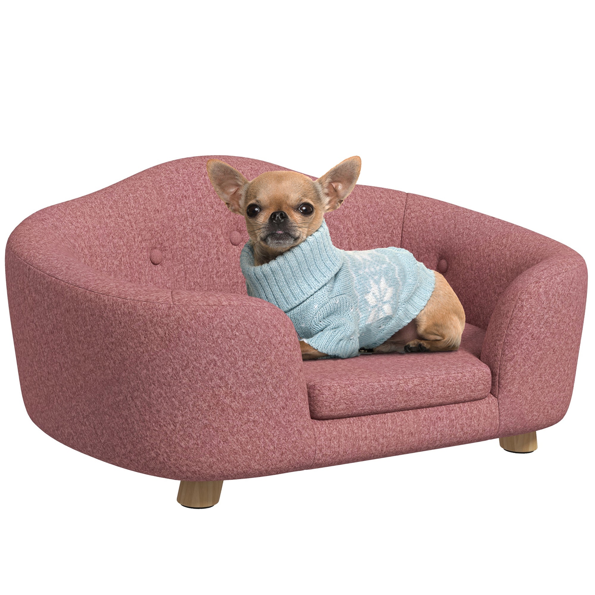 PawHut Haustiersofa Hundematte Hundebett Hundesofa Hundecouch Katzen Sofa mit Kissen Rückentasche Plüsch Schaumstoff Kiefernholz Rosa 70 x 47 x 30 cm