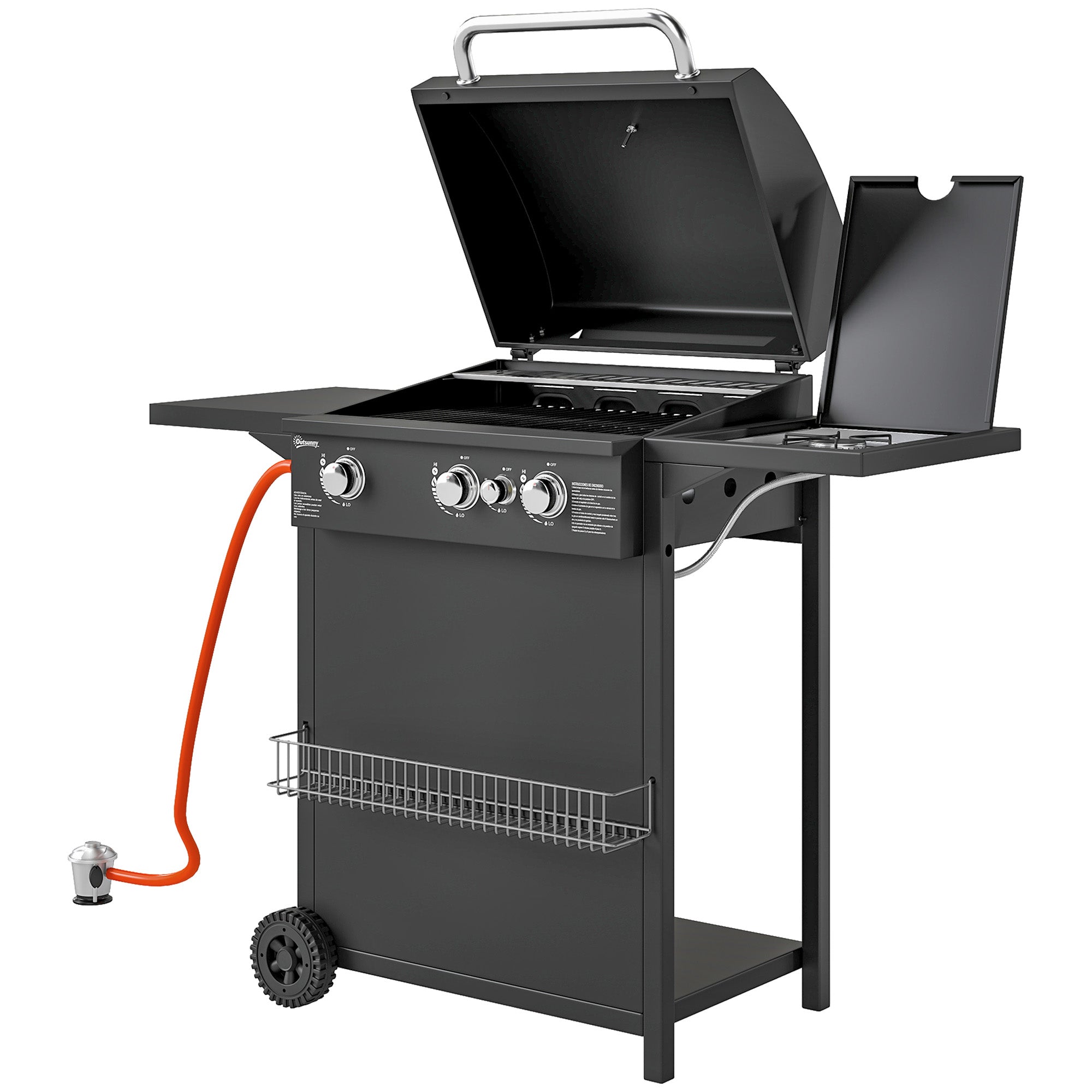 Outsunny Gasgrill 9,5 KW Grillwagen inkl 4 Brenner Seitenkocher Rolle 123 x 57 x 98 cm Schwarz