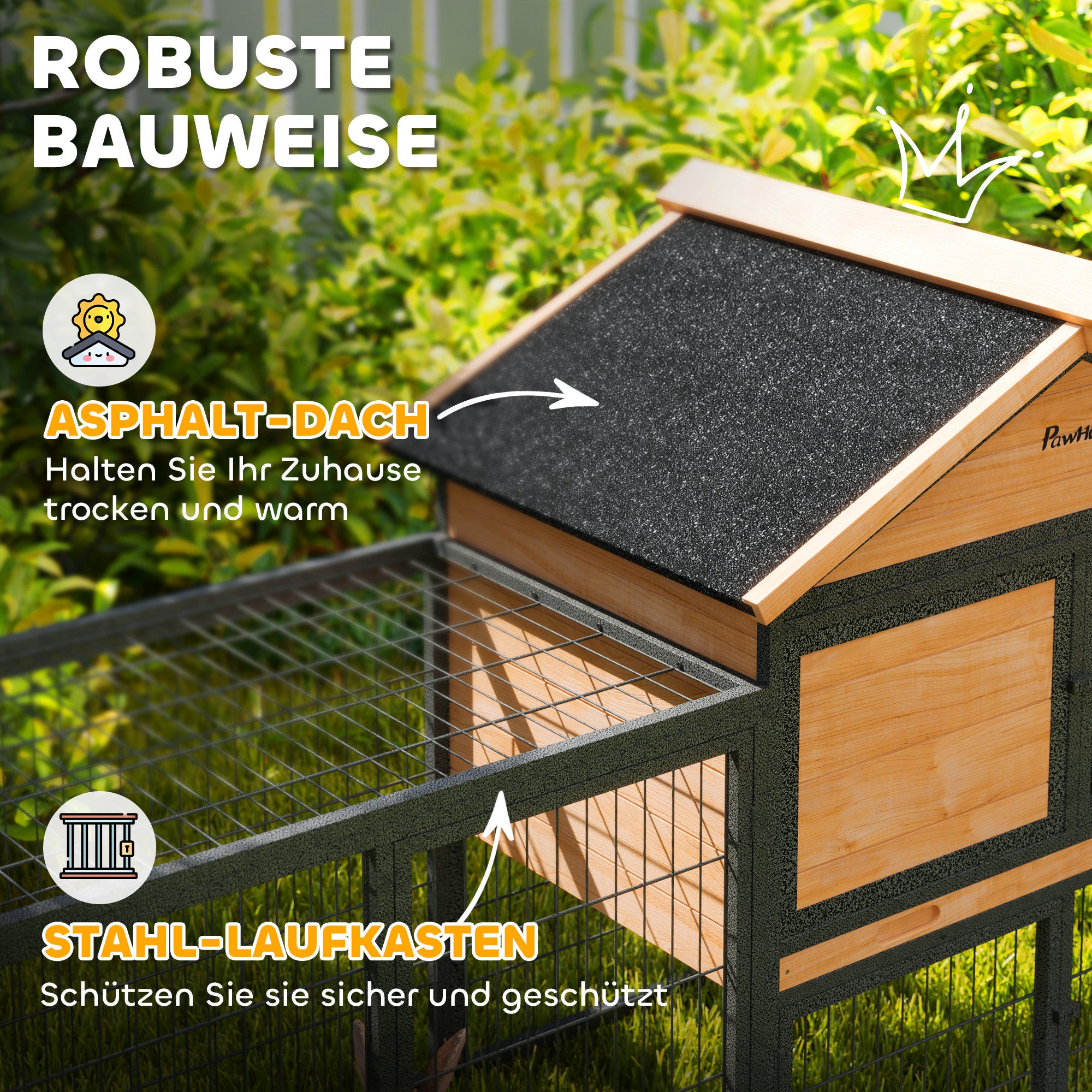 PawHut Hasenstall 2 Ebenen Kaninchenstall aus Vollholz Winterfest Doppelstockhaus mit Freilaufgehege 217x53x86 cm Gelb