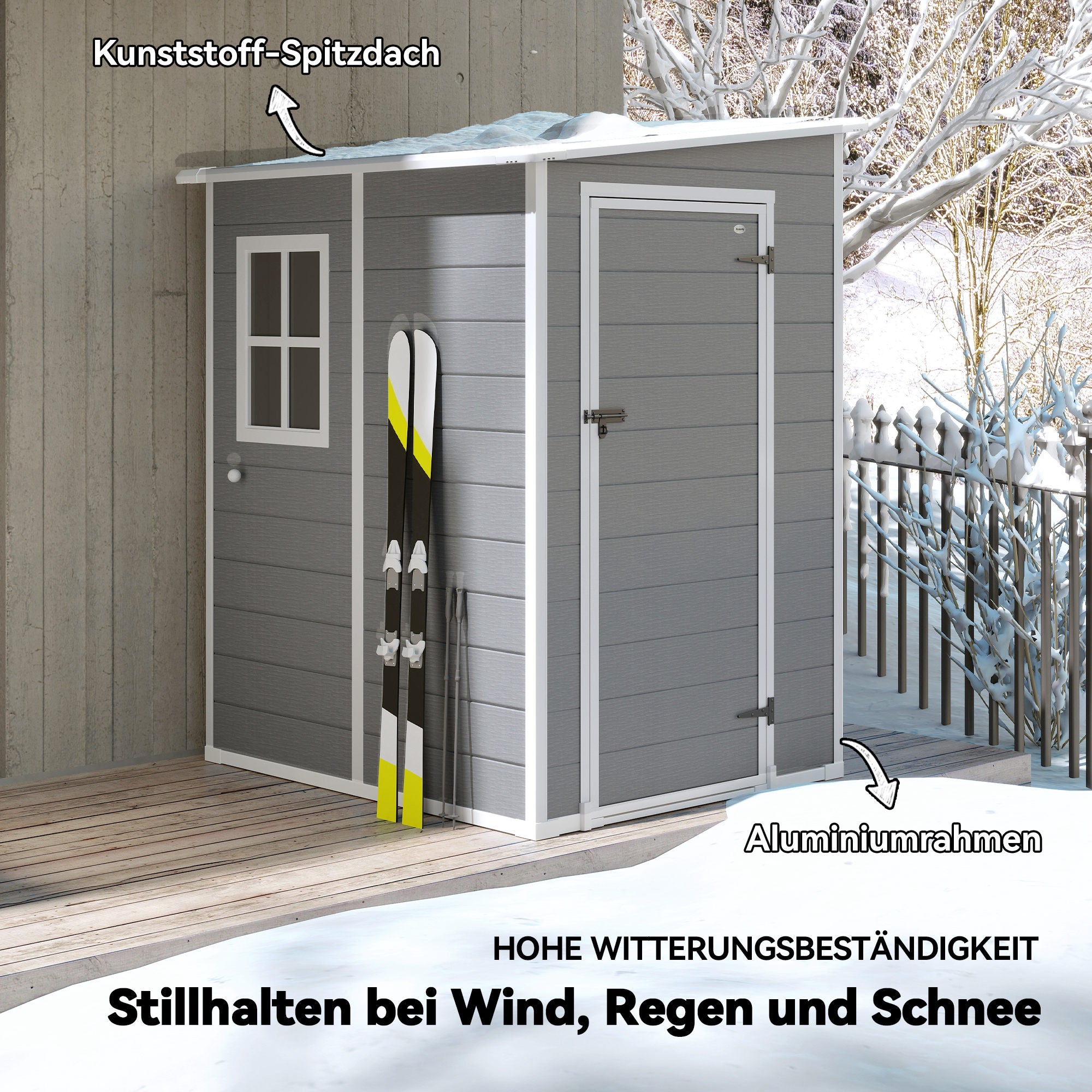 Outsunny Geräteschuppen, Tür mit Schloss, Fenster für Tageslicht & Belüftung, Aluminium, 122 x 149 x 192/177 cm Grau