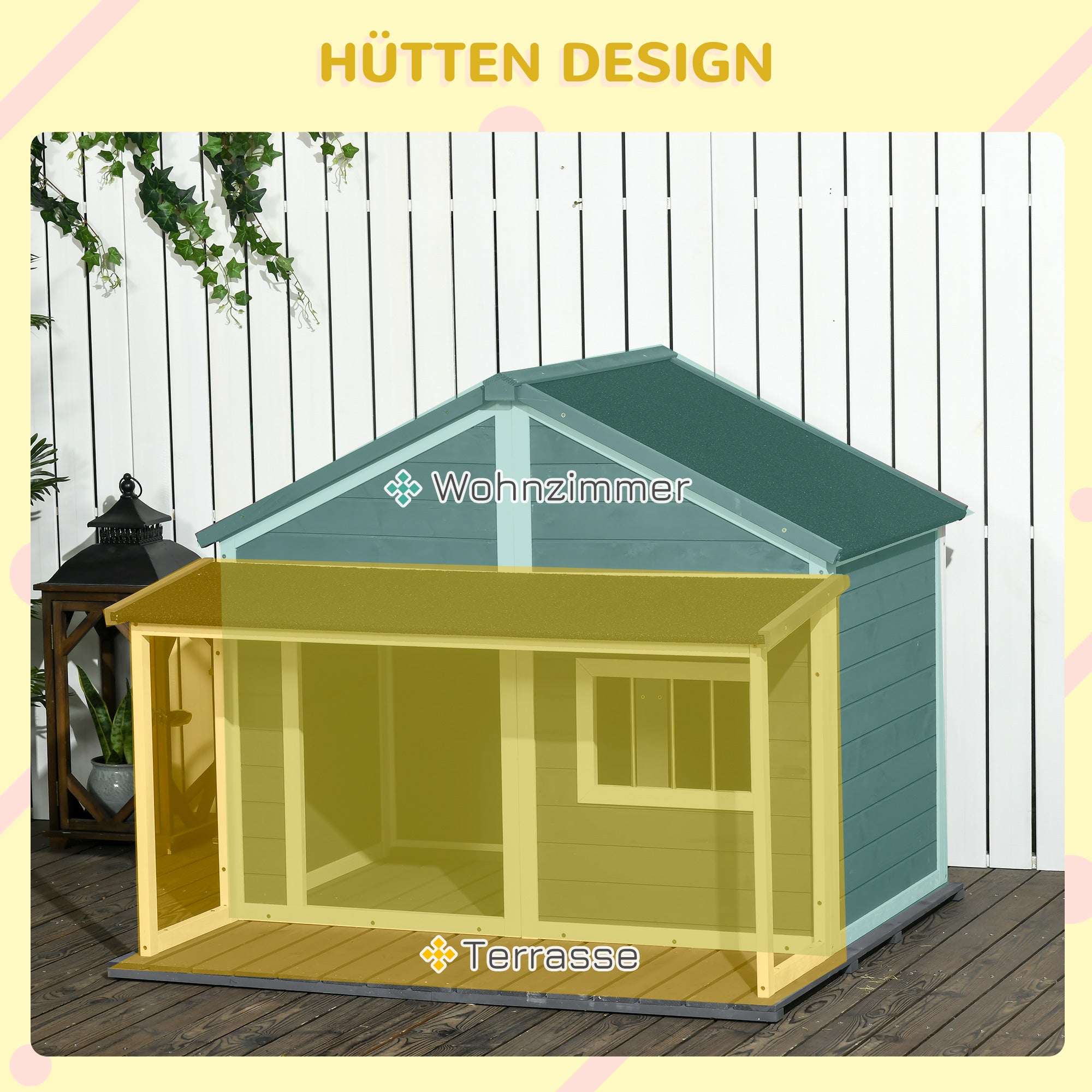 PawHut Hundehütte Outdoor-Hundehütte, inkl. Veranda, wetterbeständig, 124 cm x 112 cm x 105 cm, Grau + Weiß