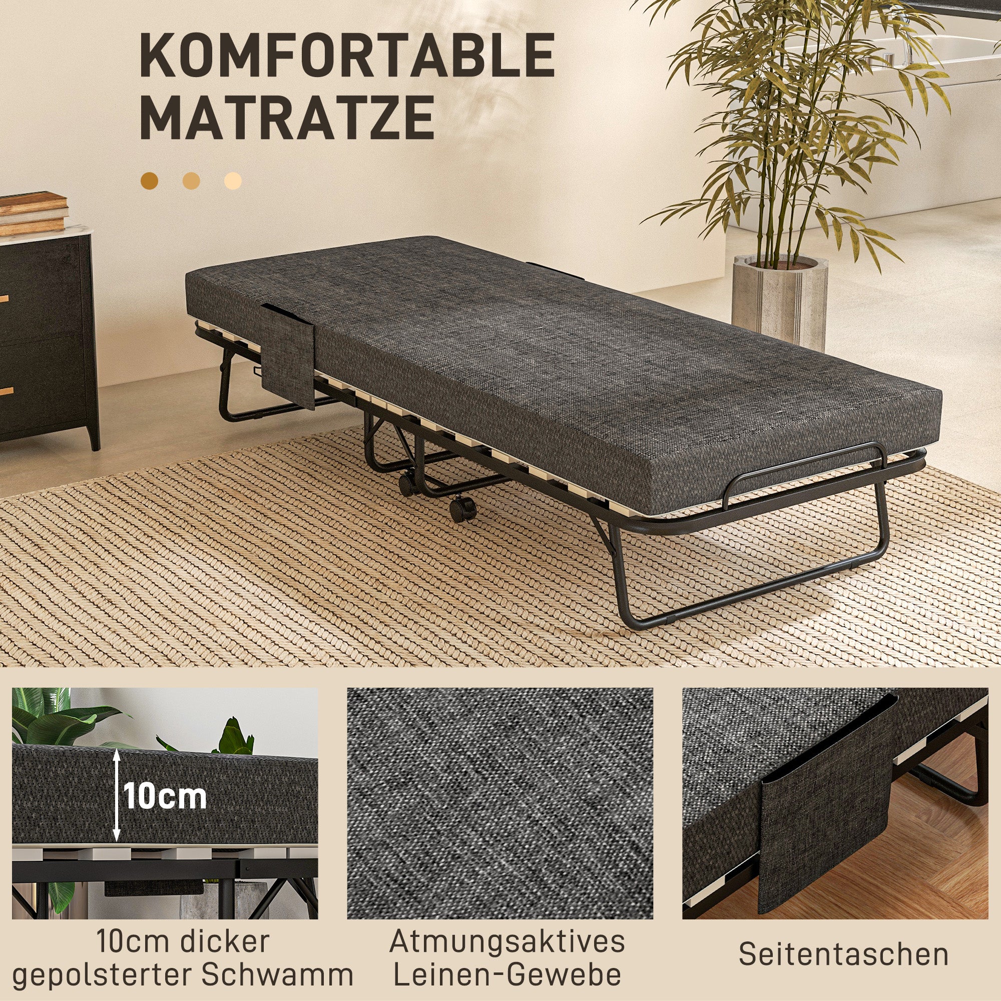HOMCOM Klappbett, Matratze, 4 Rollen, Metallgestell, bis 150 kg, 190 x 80 x 42 cm, Dunkelgrau