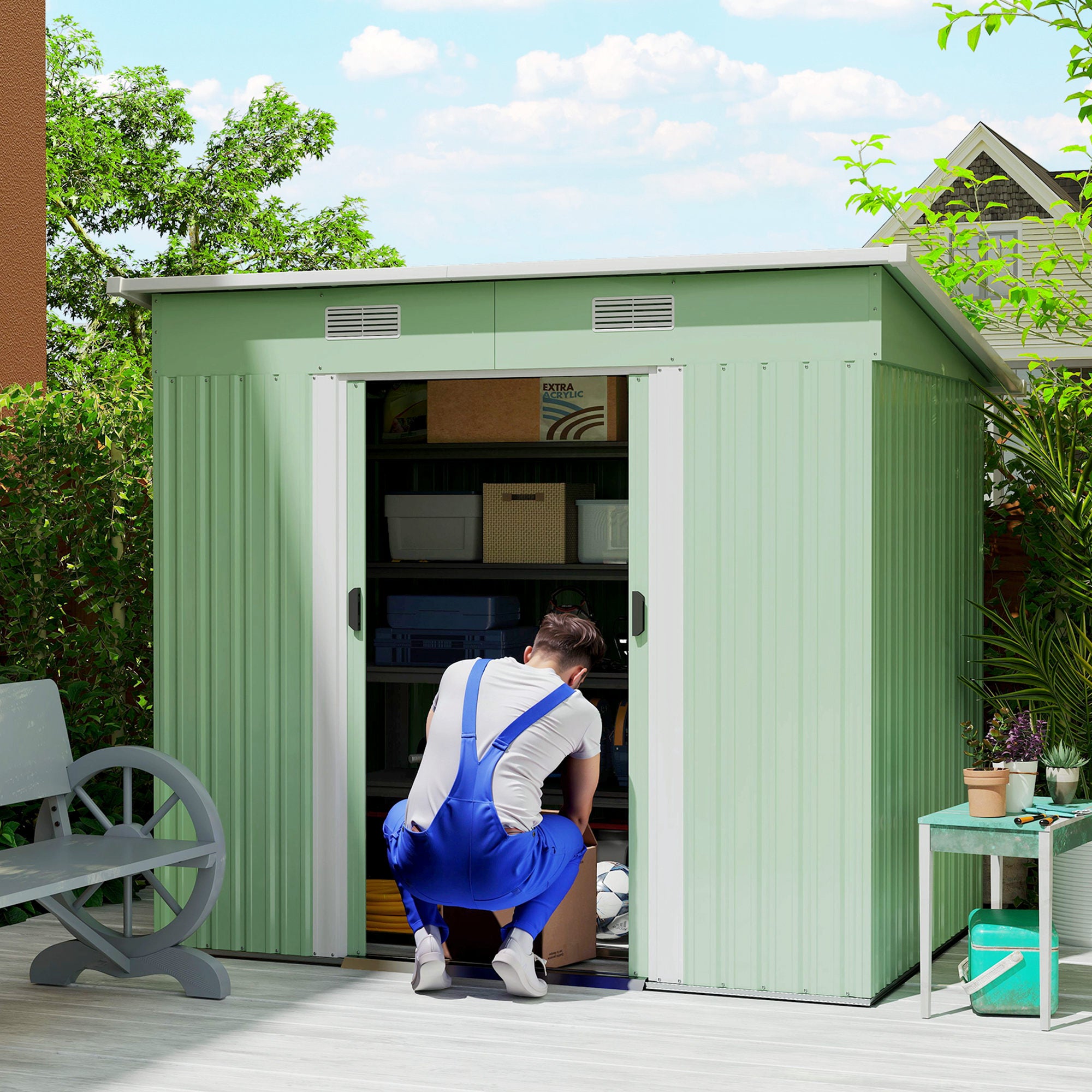 Outsunny Gerätehaus Metall 2,3 m² 207 x 130 x 182 cm Geräteschuppen mit Pultdach Fenster Bodenrahmen Grün