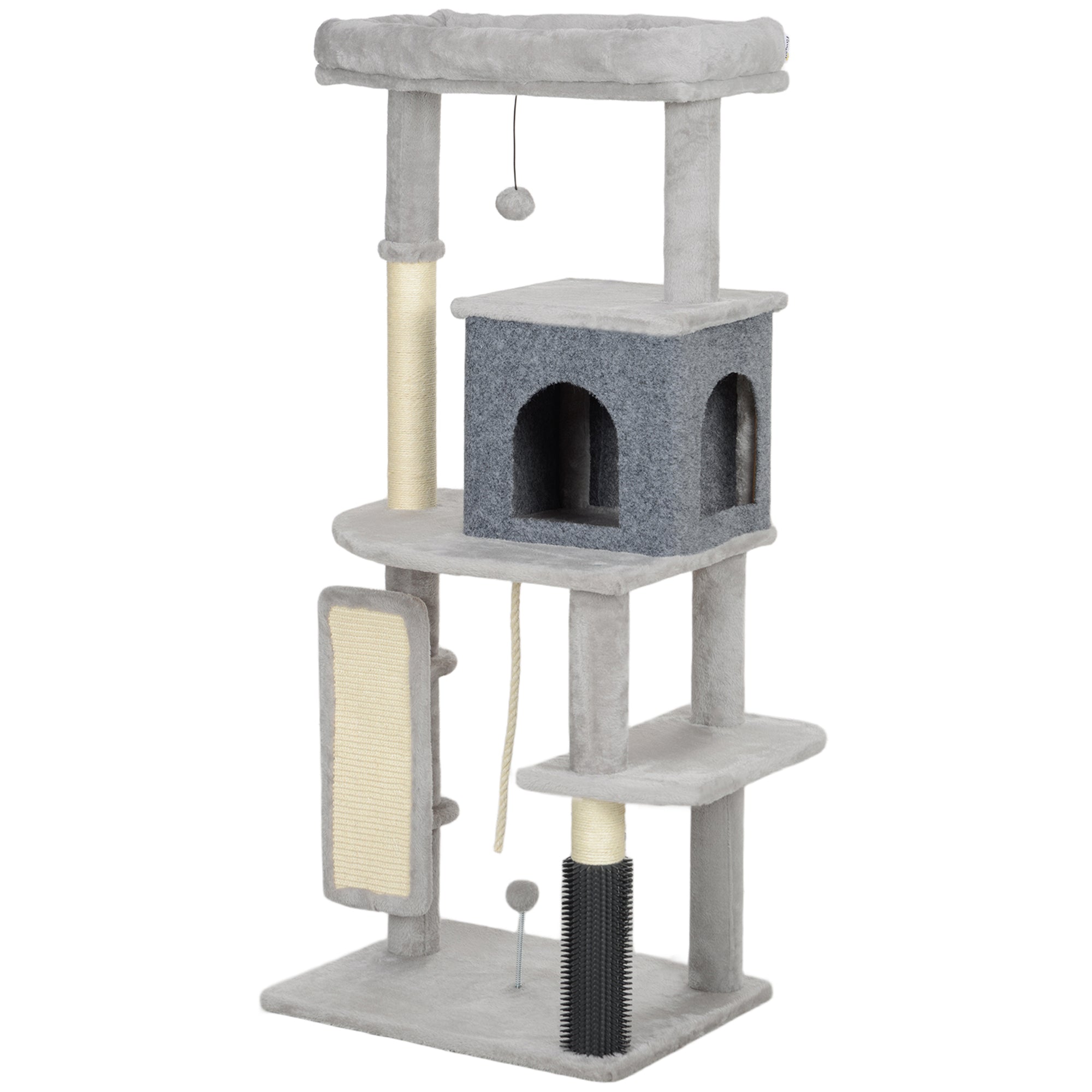 PawHut 132 cm Katzenbaum mit Kratzpfosten, Bett, Haus, Sprungplattformen, Pflegebürste, Hellgrau
