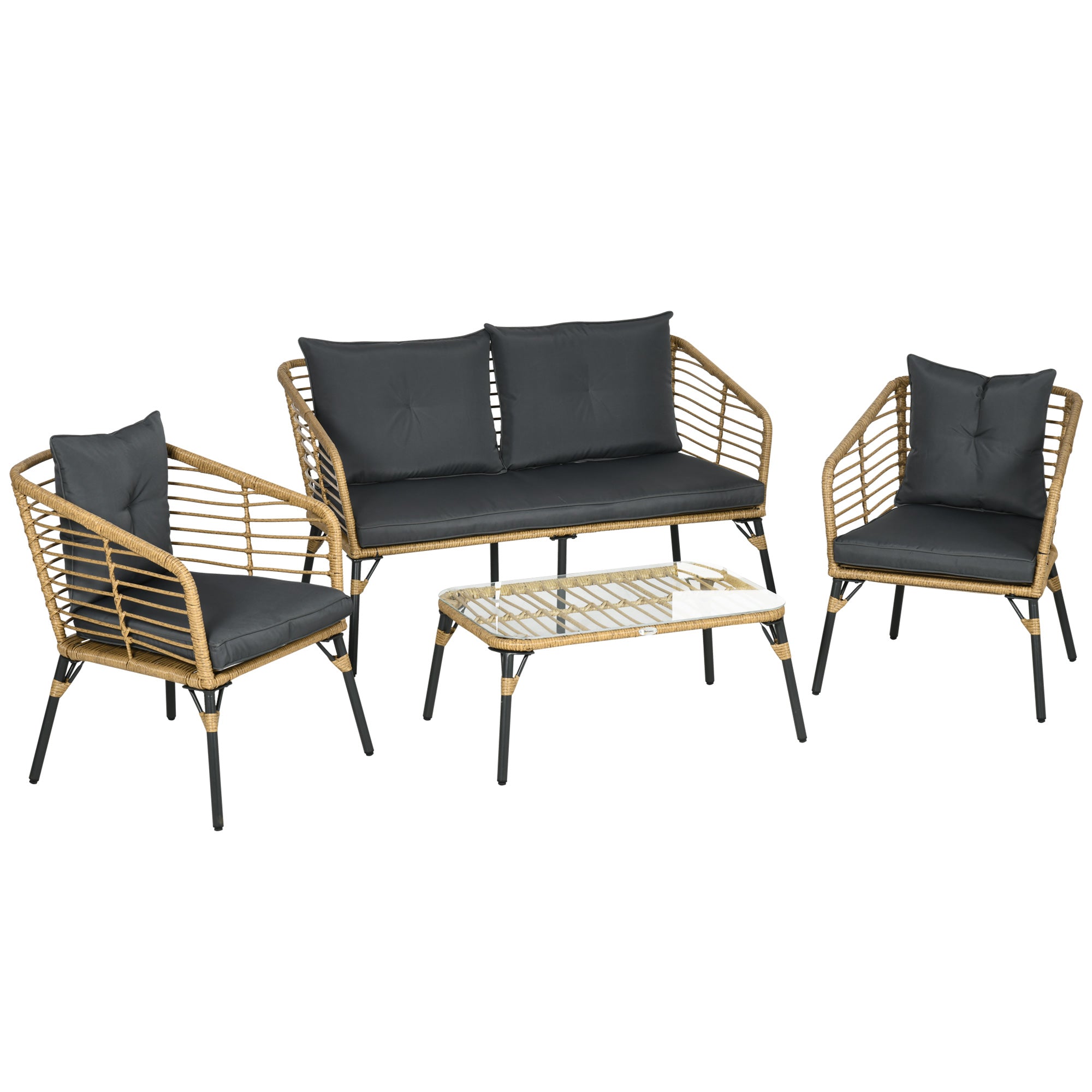 Outsunny Gartenmöbel-Set für 4 Personen, Rattan Sitzgarnitur mit Kissen, Balkonmöbel im Boho-Stil, Sand+Dunkelgrau