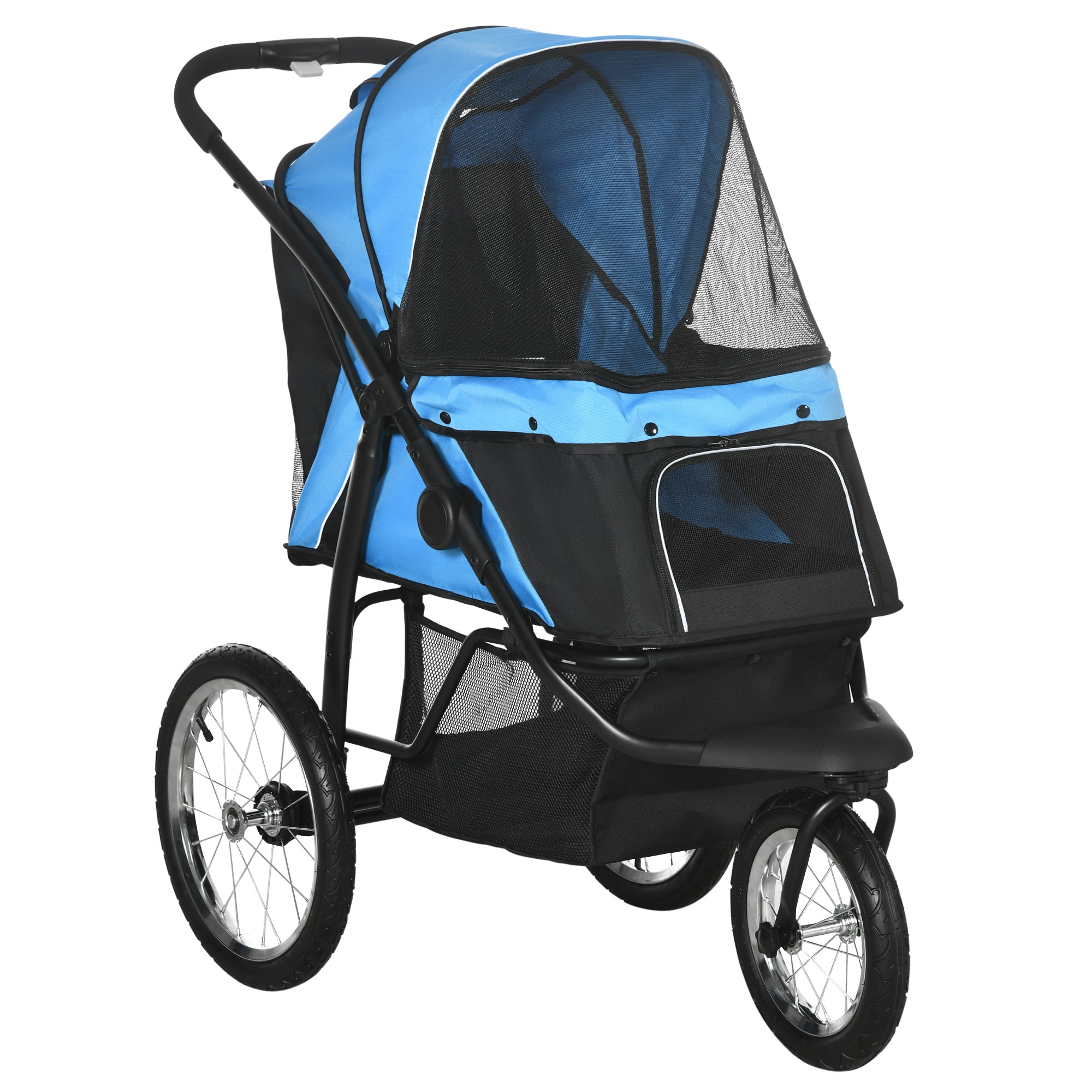 PawHut Hundewagen Hundetrolley mit Jogger-Funktion bis 20 kg Klappbar Netzfenster, Ablagekorb, Blau, 111 x 58 x 107 cm