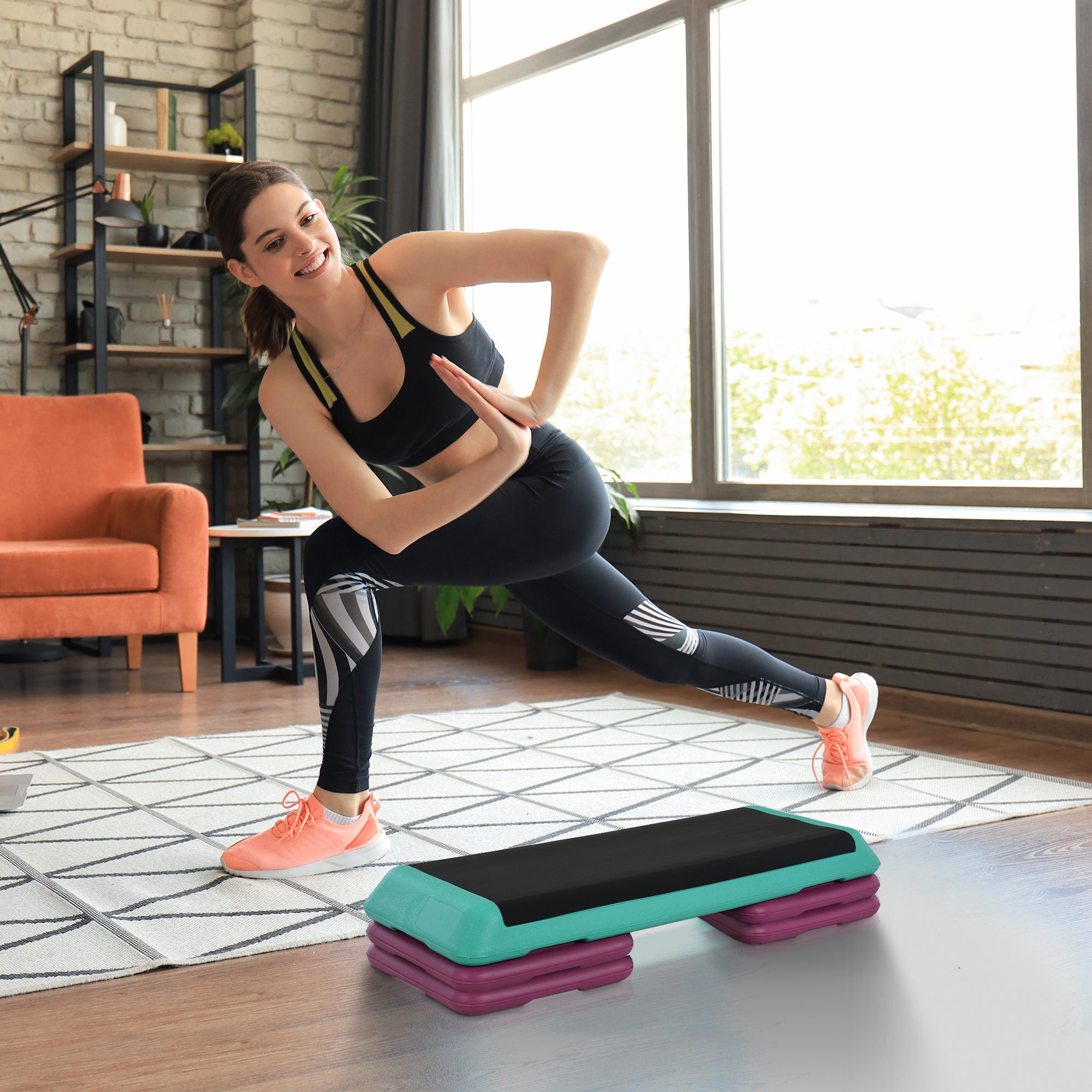 HOMCOM Steppbrett höhenverstellbar Fitness Stepper 3 Stufen (10/15/20 cm) Rutschfest Stepbench für Zuhause Fitnessstudio Büro Kunststoff Schwarz+Grün+Violett