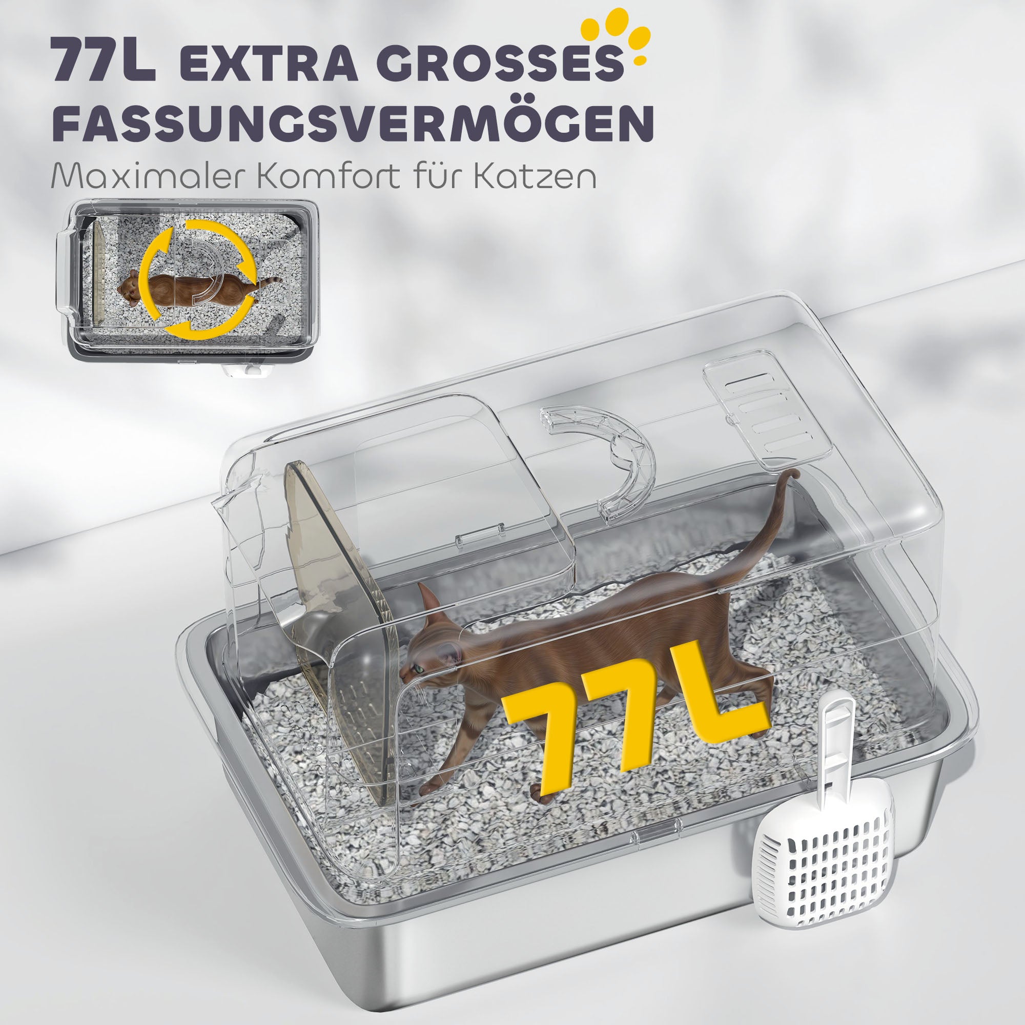 PawHut Katzentoilette, Wanne aus Edelstahl, Filter, Schaufel, für Katzen bis 6 kg, 40,5 x 60,5 x 41,5 cm, Grau/Silber