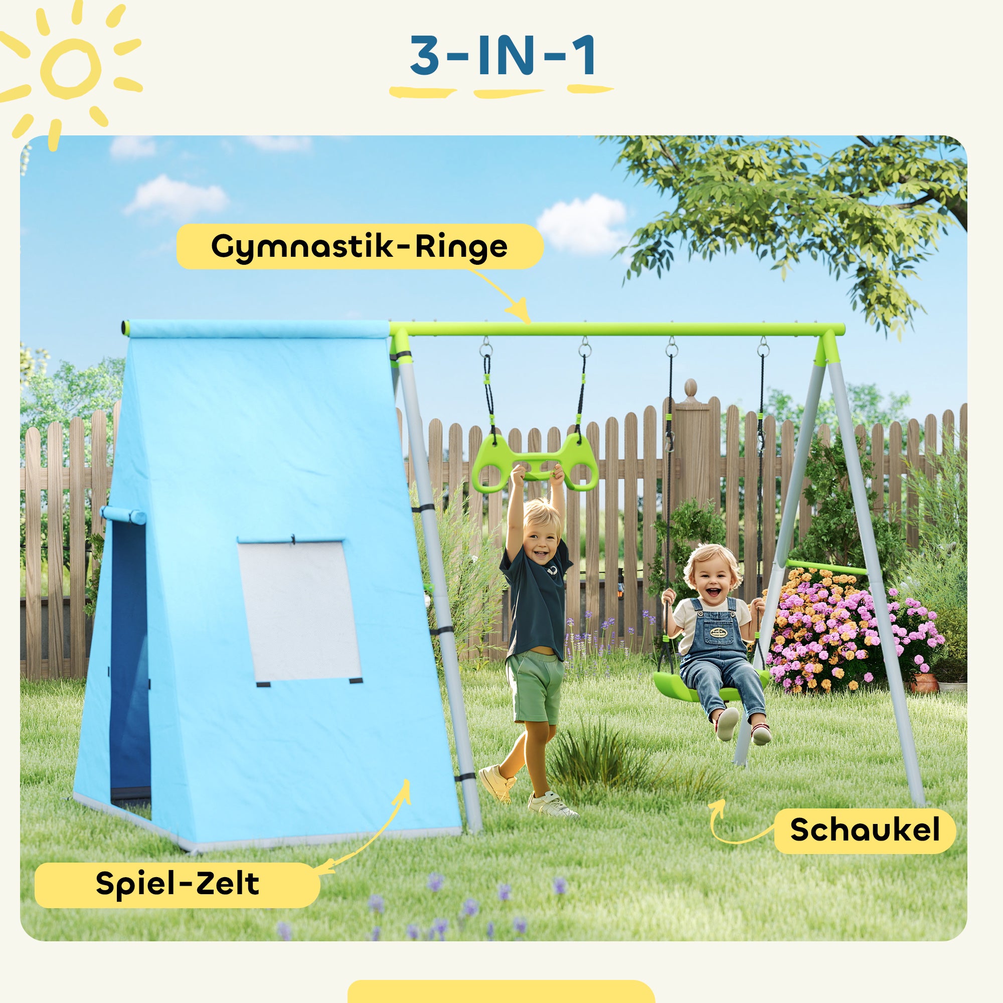 AIYAPLAY 3-in-1 Schaukelset, Spielzelt, Schaukel, Turnringe, Metall, Kunststoff, Grün