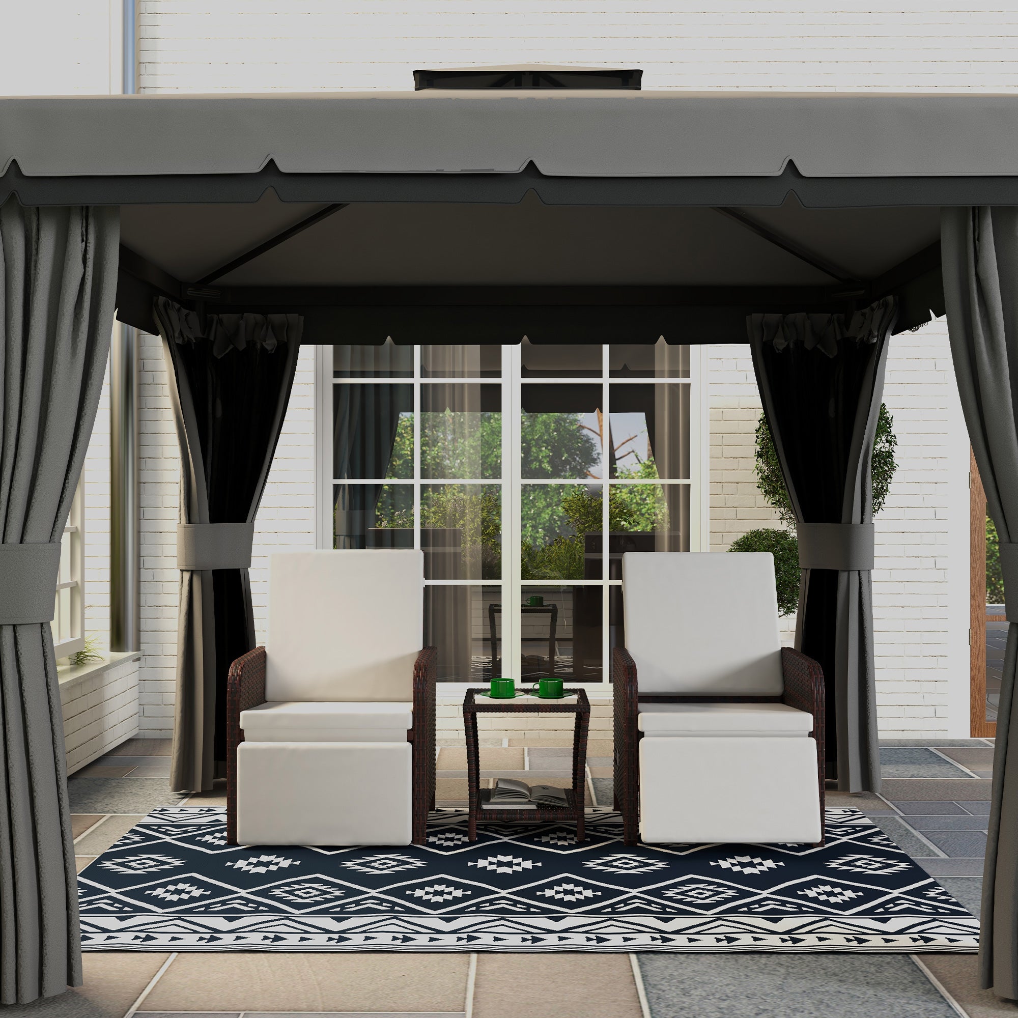 Outsunny Outdoorteppich Terrassenteppich, wetterbeständig, modernes Design, 182 cm x 274 cm x 0,3 cm, Schwarz + Weiß