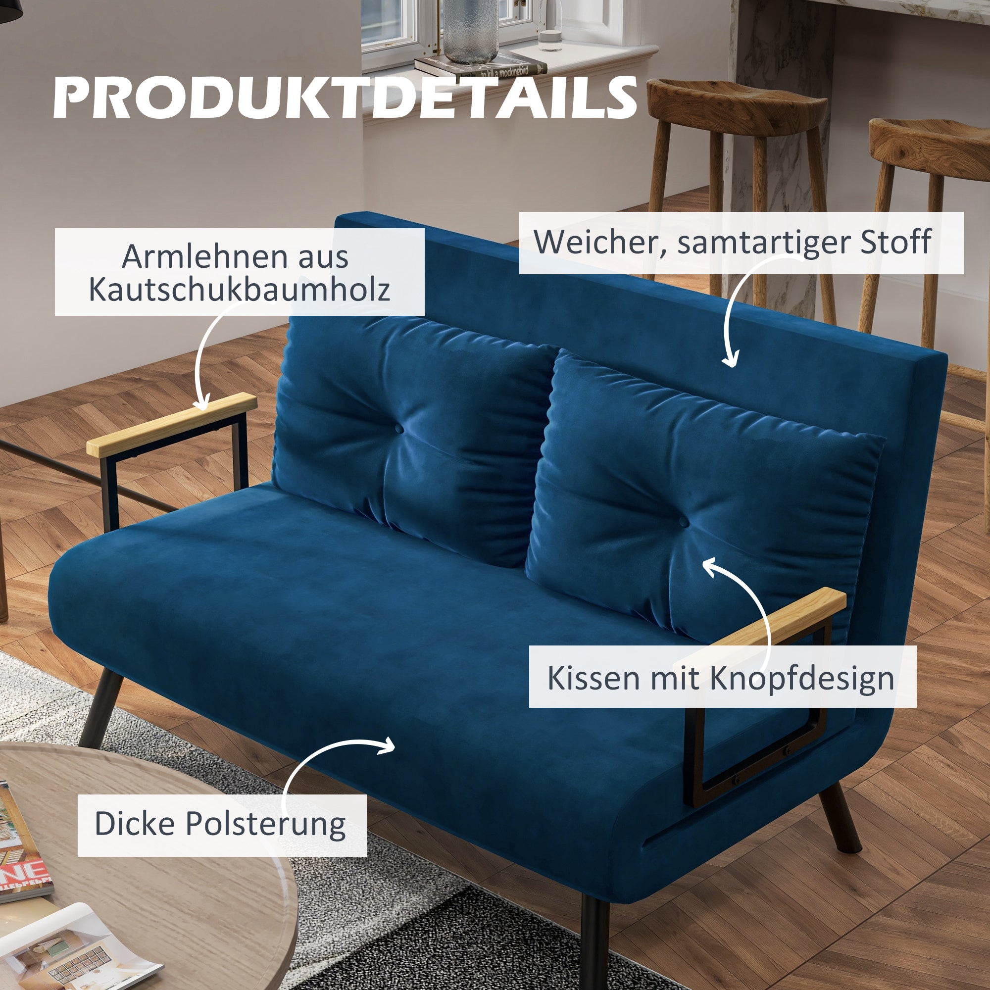 HOMCOM Schlafsofa 2er-Sofa Samtsofa, Schlaffunktion, inkl. 2 Kissen, Samtoptik, Natur + Blau