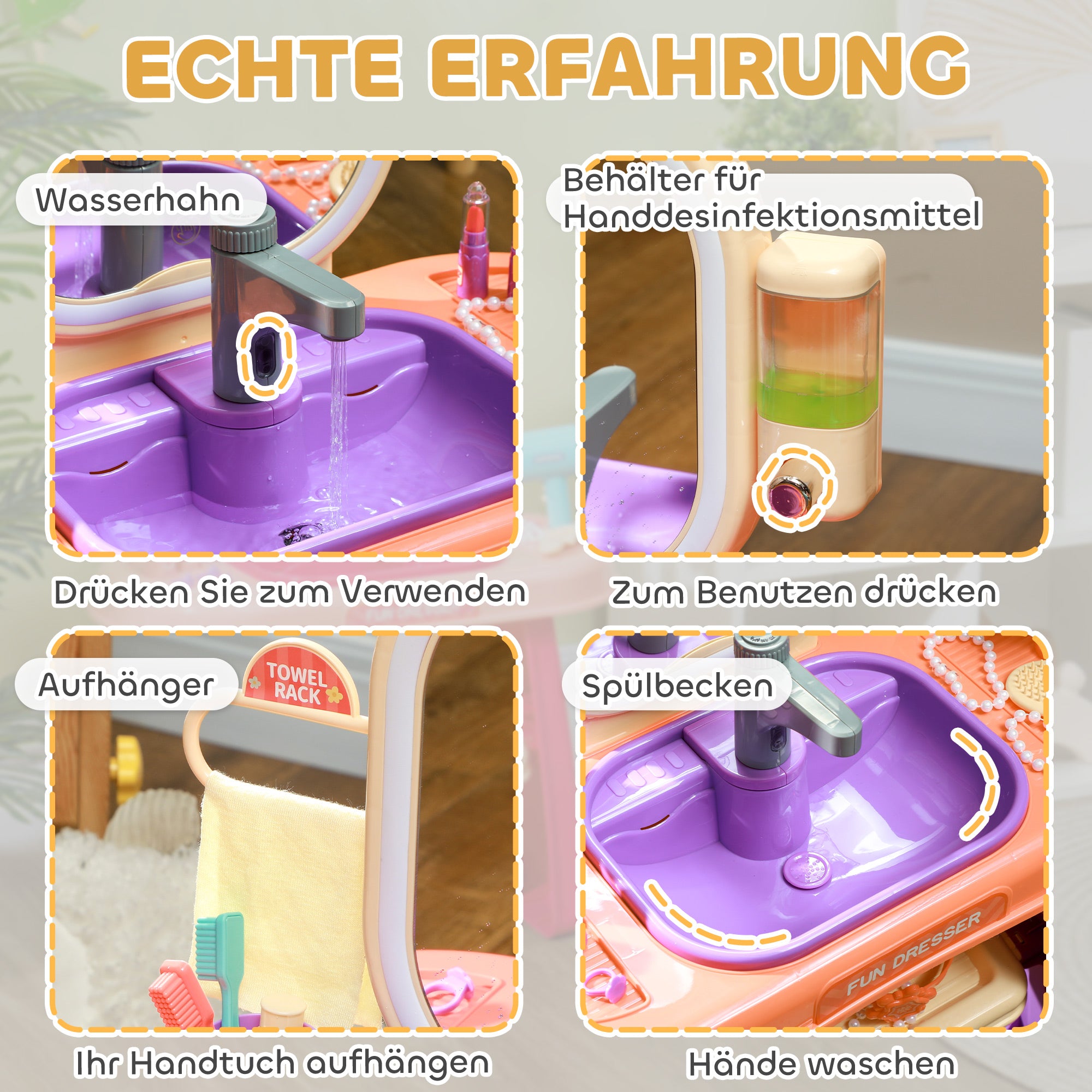 AIYAPLAY Kinderfrisiertisch mit LED-Spiegel, Musik, Wasserhahn, Acrylspiegel, Lila, 55x29x71 cm