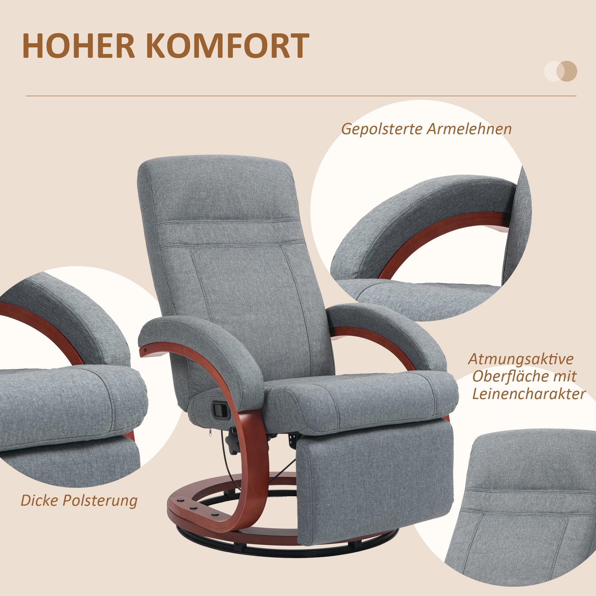 HOMCOM Relaxsessel mit klappbarer Fußstütze, drehbar, neigbare Lehne, Leinenoptik, bis 140 kg, Grau