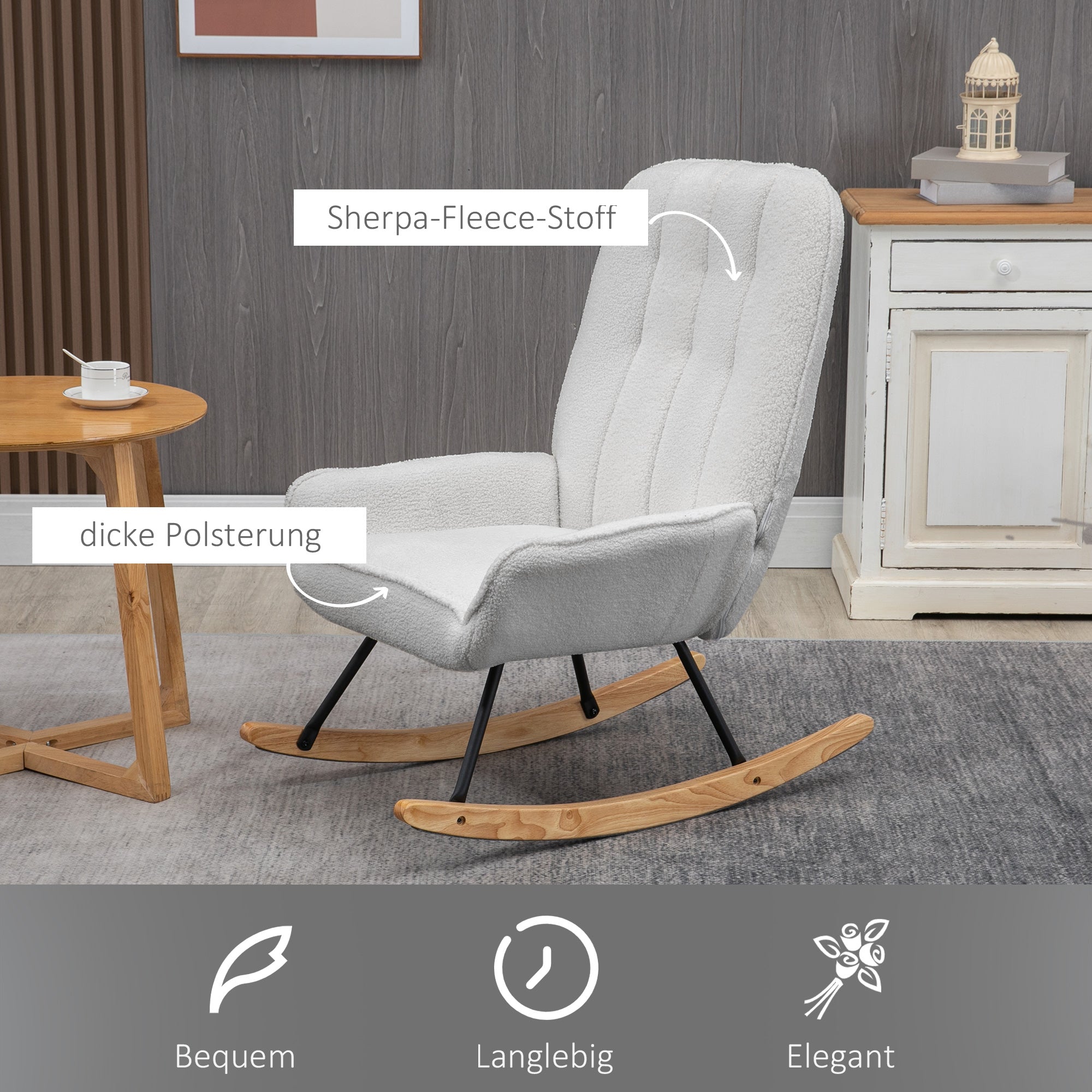 HOMCOM Schaukelstuhl Modern-Design Schaukelstuhl, Sherpa-Fleece, Steppung, 63 cm x 95cm x 97 cm Natur+ Grau