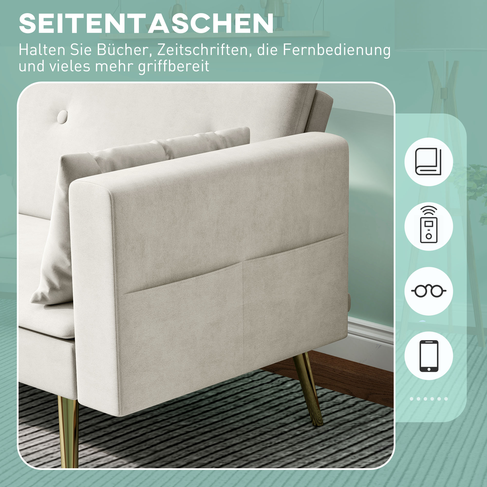 HOMCOM 2-Sitzer Bettsofa, Verstellbare Rückenlehne, weiche Kissen, samtartiger Bezug, für Wohnzimmer, Gästezimmer, Beige