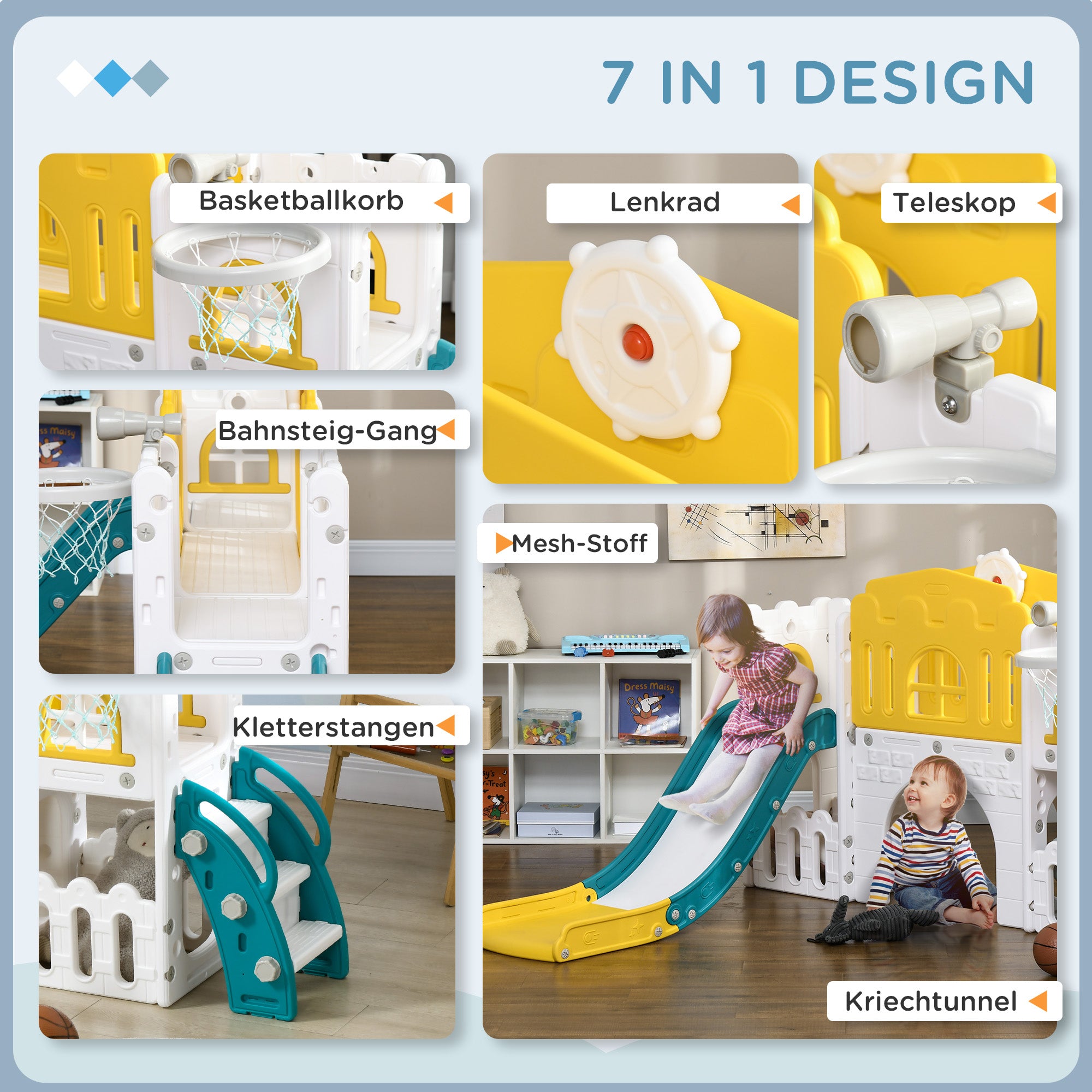 AIYAPLAY Kinderrutsche, 7-in-1 Spielgerüst, mit Basketball & Lenkrad, für 1-3 Jahre, 178x177x99cm, Gelb/Weiß/Grün