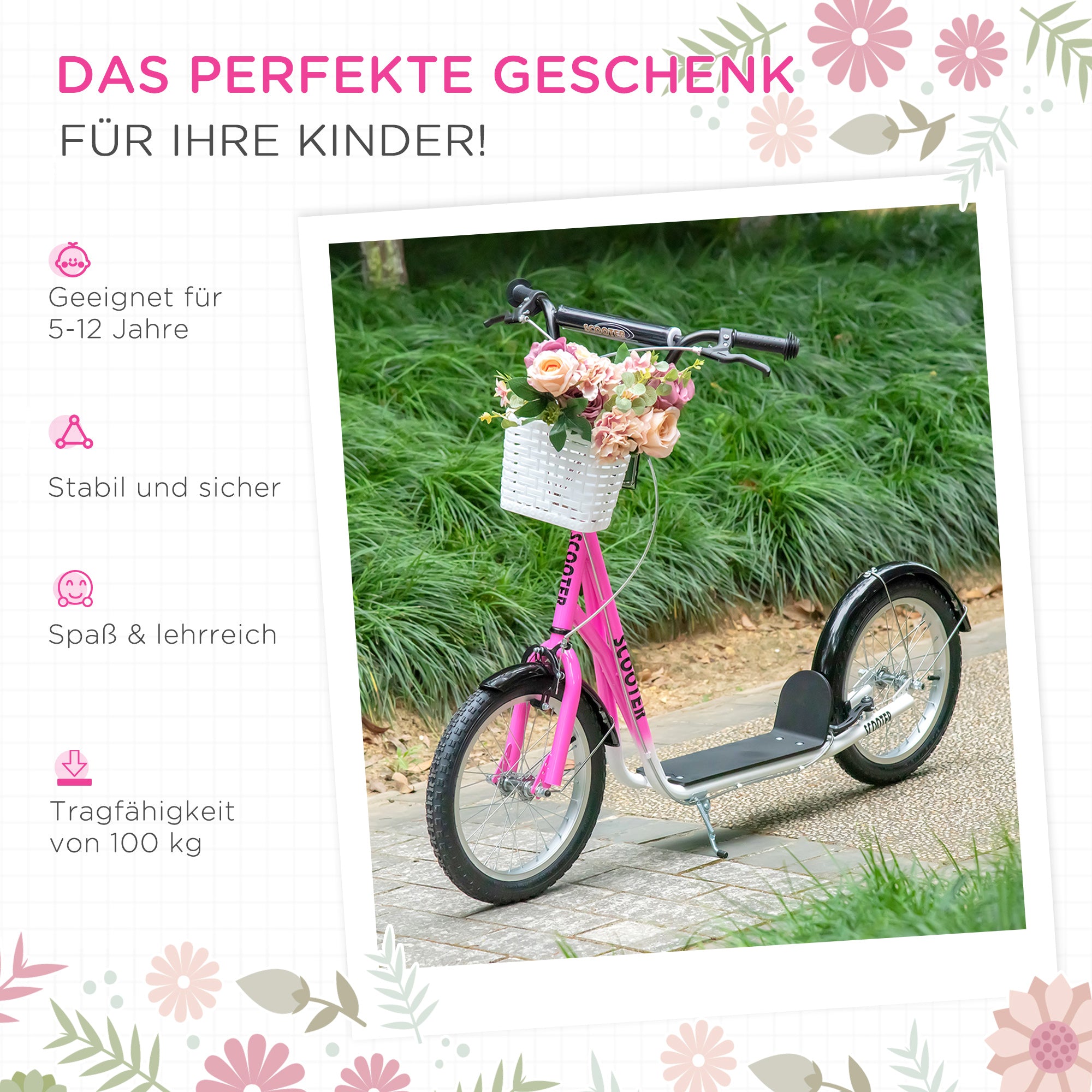 HOMCOM Kinderroller Tretroller mit Bremse, inkl. Korb, höhenverstellbar, für Kinder von 5 bis 12 Jahren, Weiß + Pink