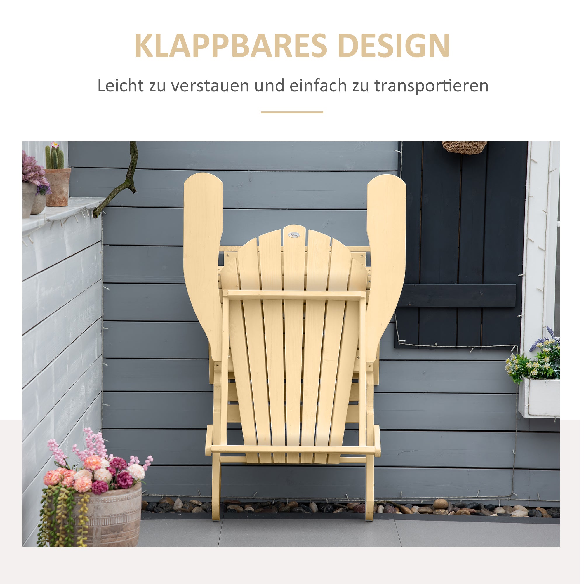 Outsunny Adirondack Stuhl Klappbar Adirondack Chair aus Holz Outdoor Gartenstuhl mit Fußstütze Hoher Rücken- und Armlehnen Balkonstuhl Gartensessel für Garten, Balkon 78 x 140 x 94cm Natur
